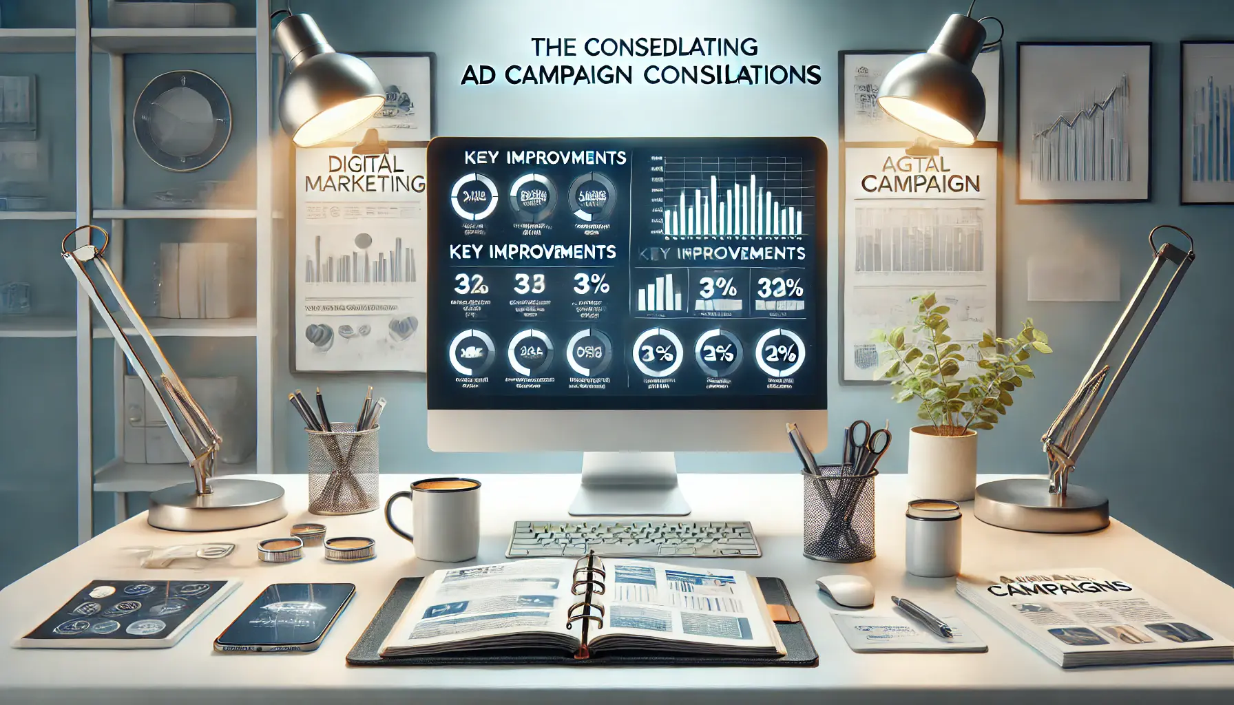 A digital marketing workspace showing a computer with a finalized performance report, symbolizing the conclusion of a successful ad campaign consolidation process.