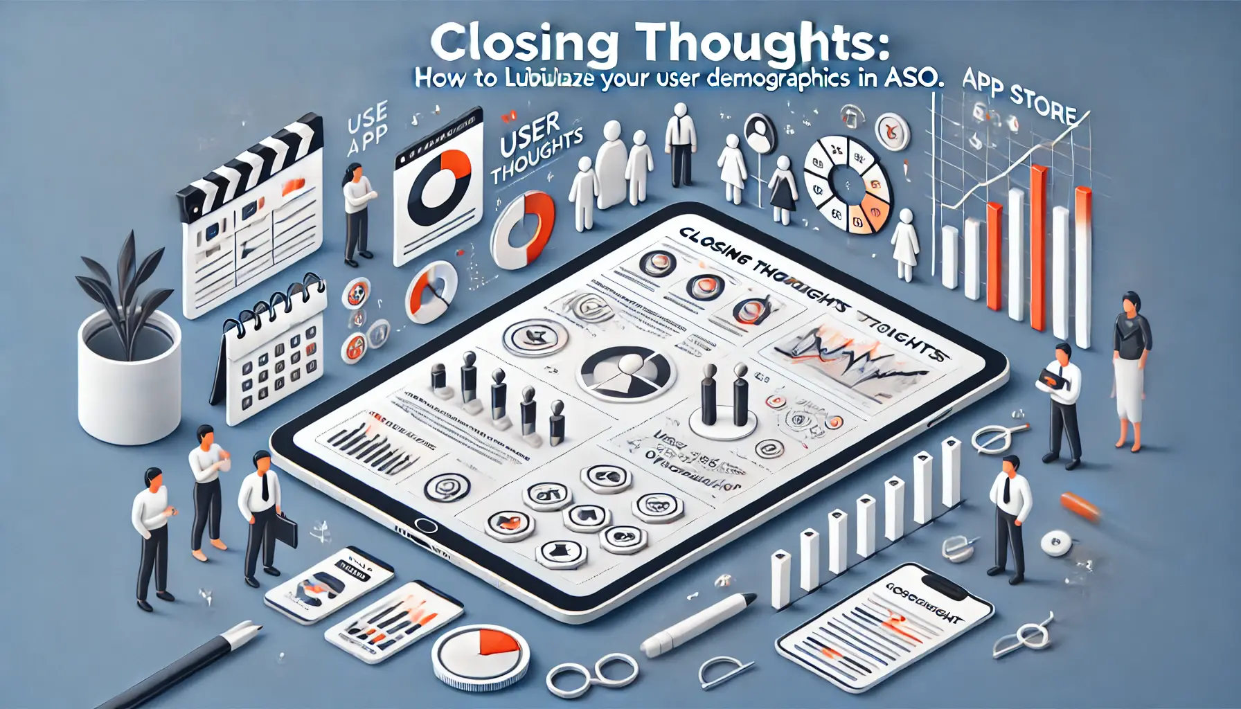 Image summarizing the importance of utilizing user demographics in ASO, featuring demographic icons, a mobile app interface, and data charts symbolizing strategic planning.