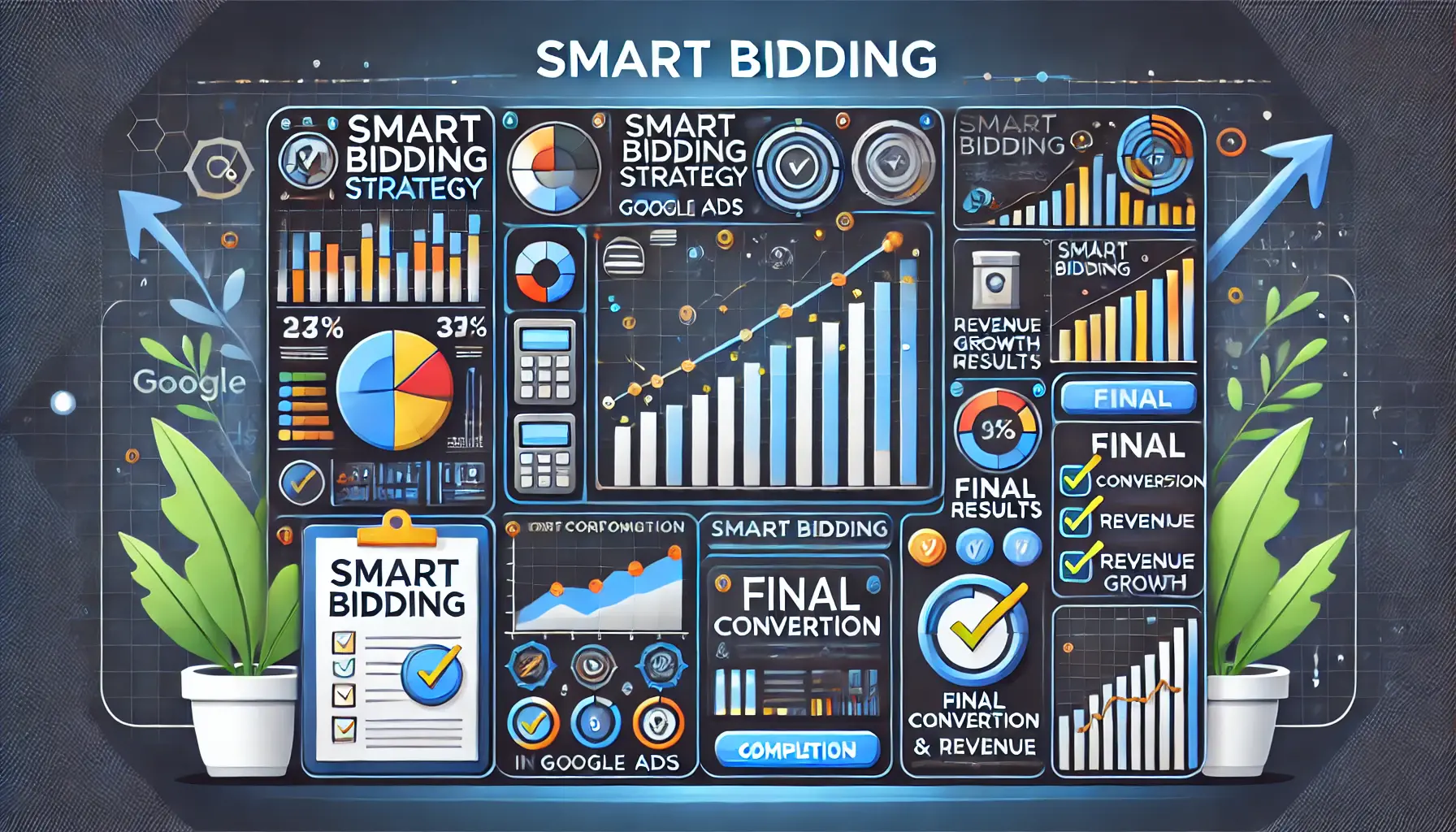 Illustration of the conclusion of a successful Smart Bidding strategy in Google Ads, showing performance graphs and symbols of completion.