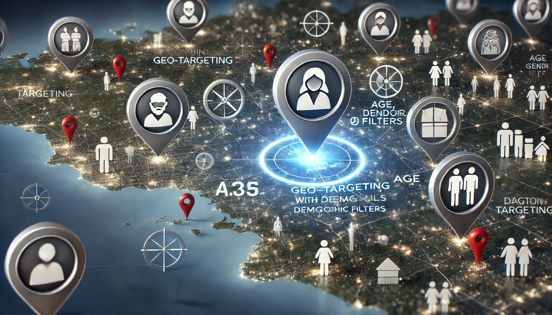 A digital map with highlighted regions and demographic symbols such as age, gender, and income filters, representing combined geo-targeting and demographic targeting