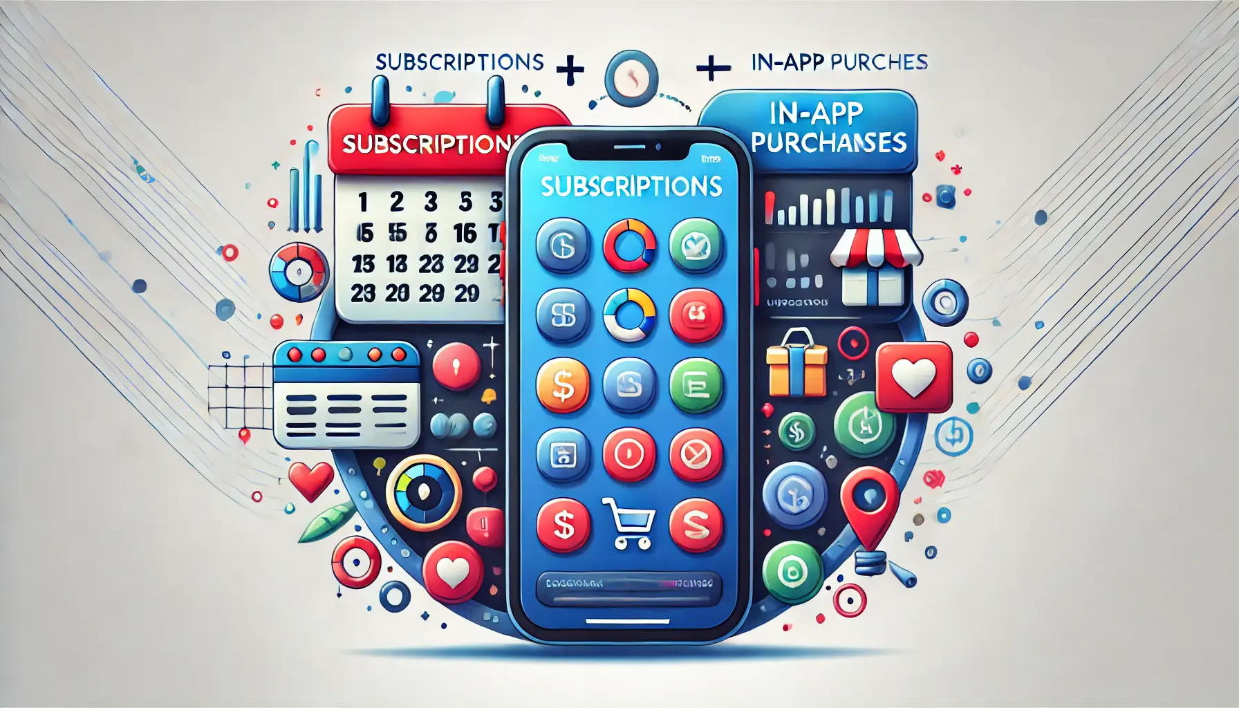 Digital illustration of a mobile device displaying elements representing both subscriptions and in-app purchases.