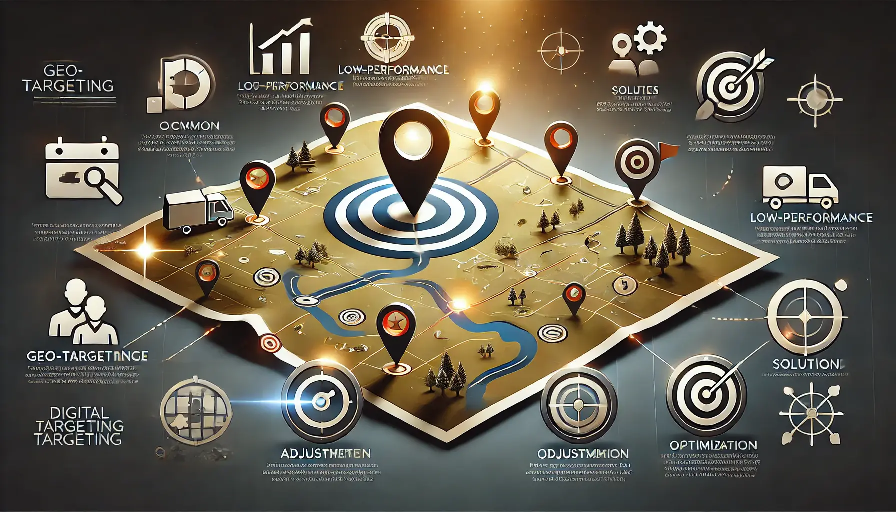 A digital map showing low-performance markers and adjustment tools representing challenges and solutions in geo-targeting