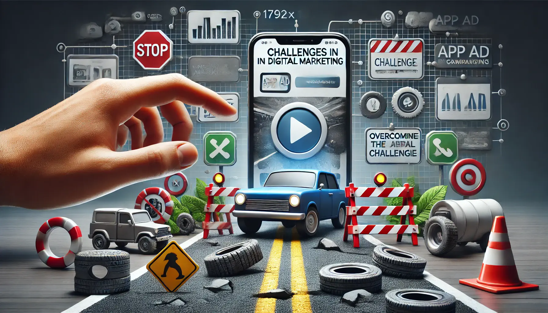 Smartphone displaying app ad surrounded by barriers, with a hand overcoming obstacles