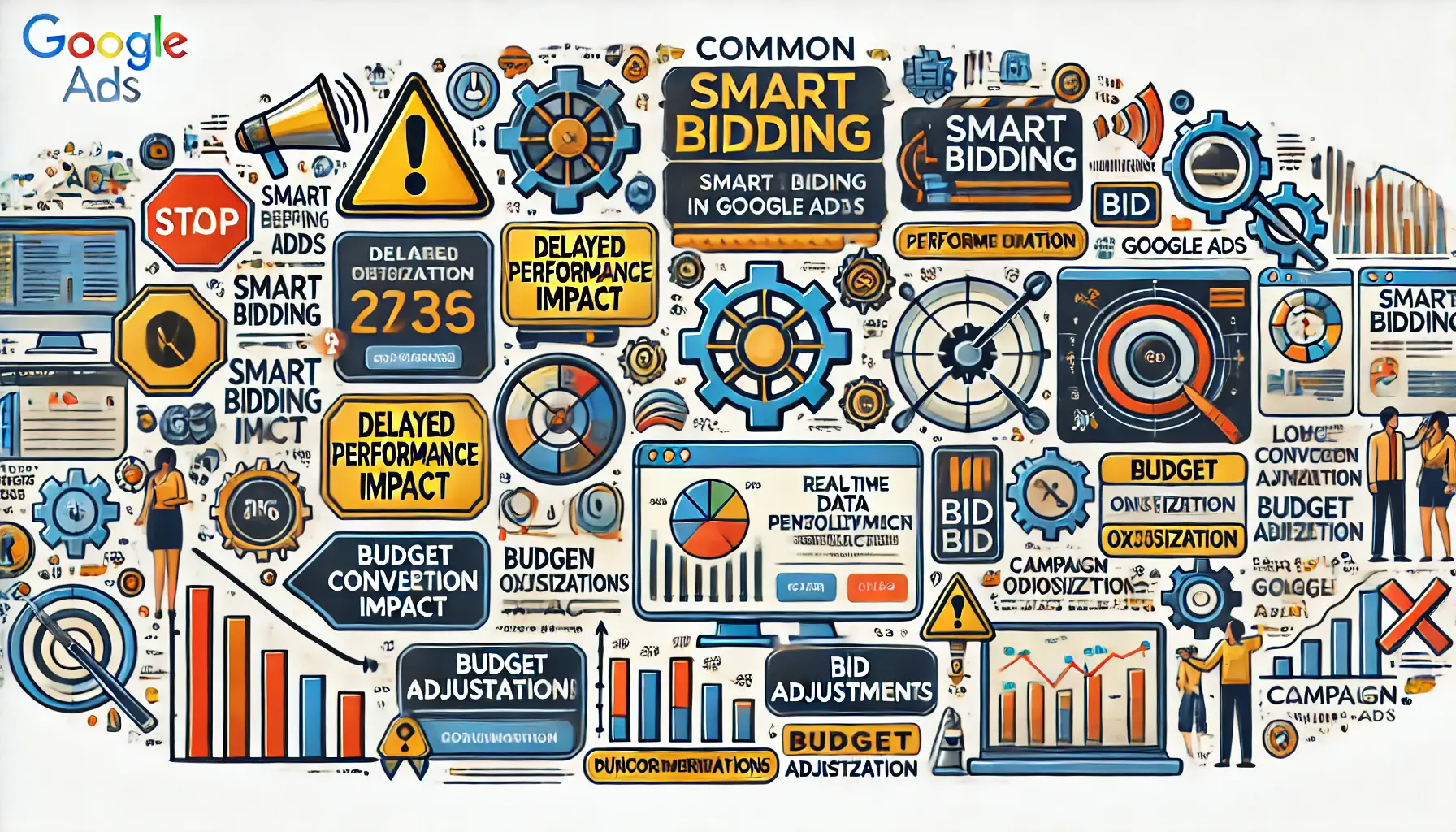 Illustration of common challenges in Smart Bidding such as data shortages, budget limitations, and performance obstacles, with solutions shown through optimization tools.