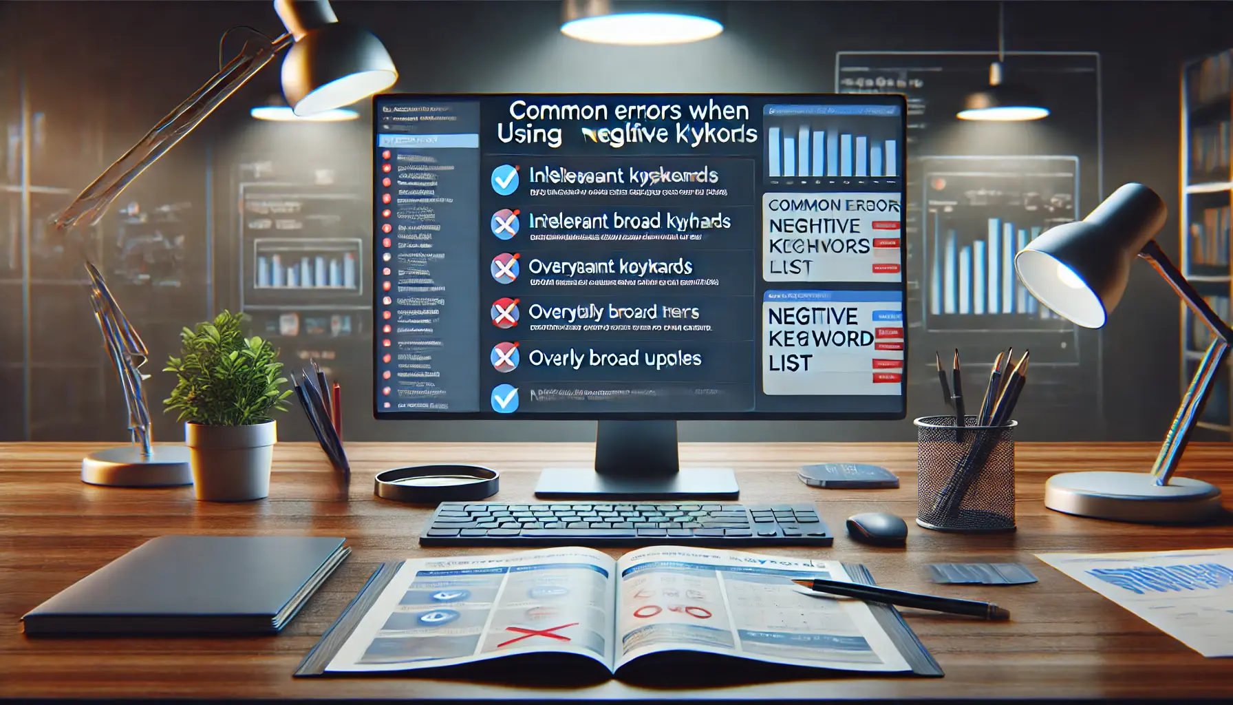 Digital advertising workspace showing common mistakes in negative keyword management, such as adding irrelevant or overly broad terms.