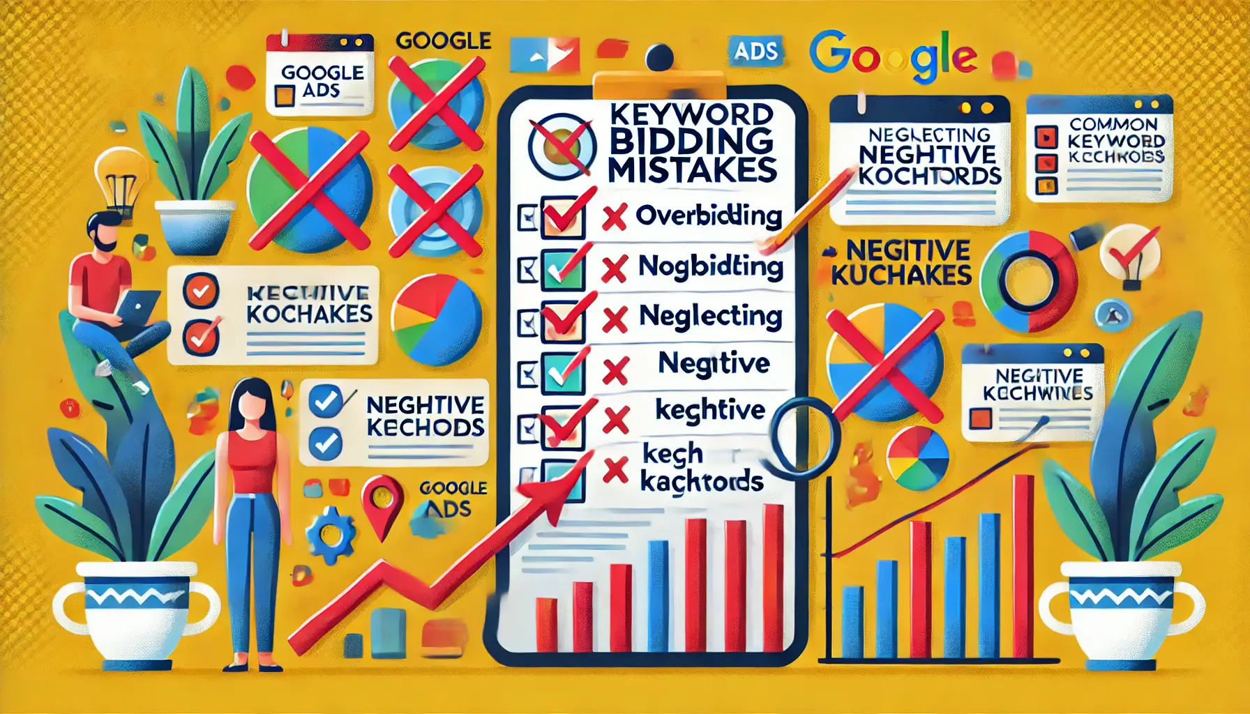 An illustrative digital marketing image depicting common keyword bidding mistakes, featuring a checklist with errors and red crosses over graphs.