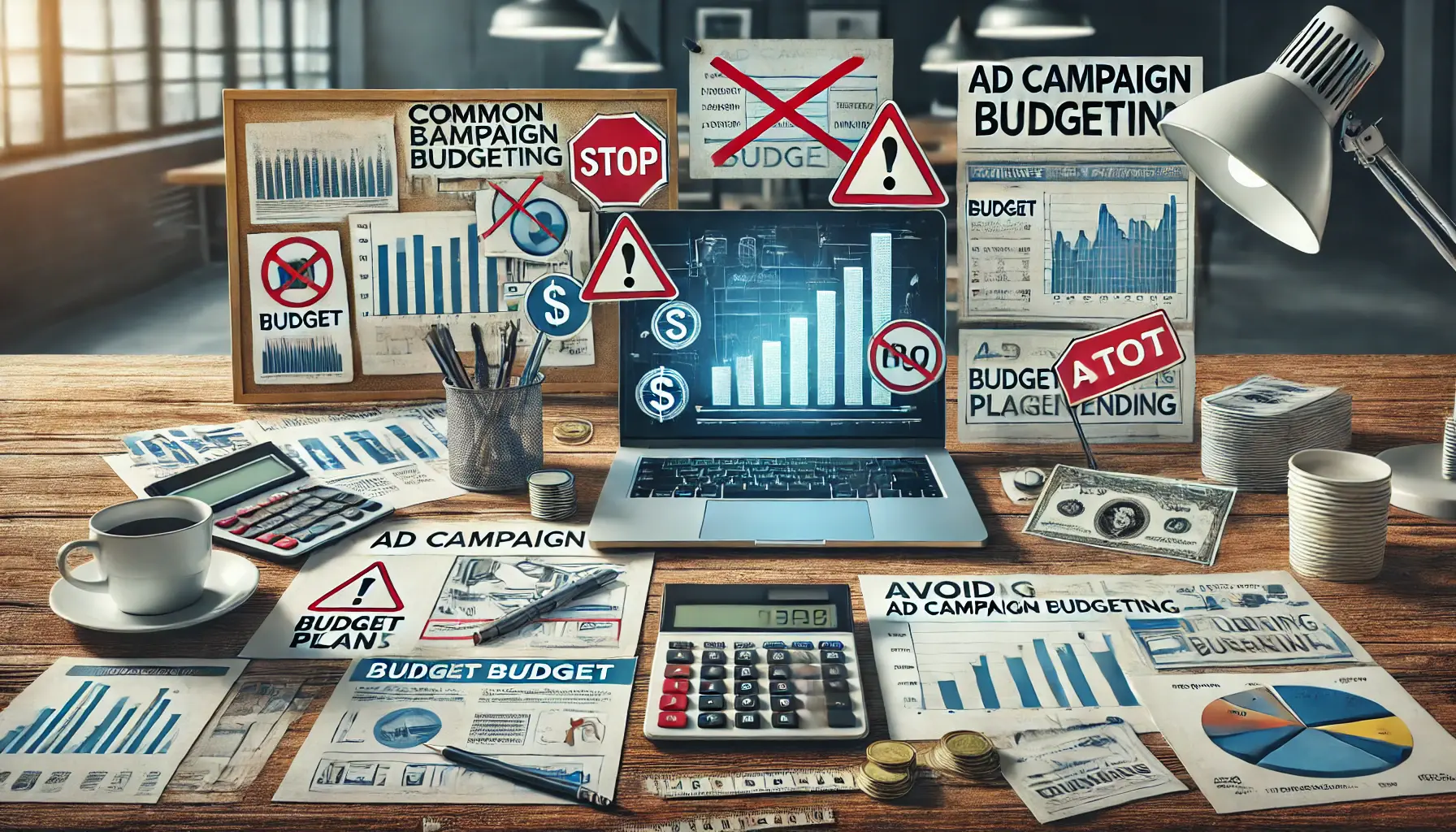 A cluttered desk with financial documents, a calculator, and a laptop showing poor budgeting practices.