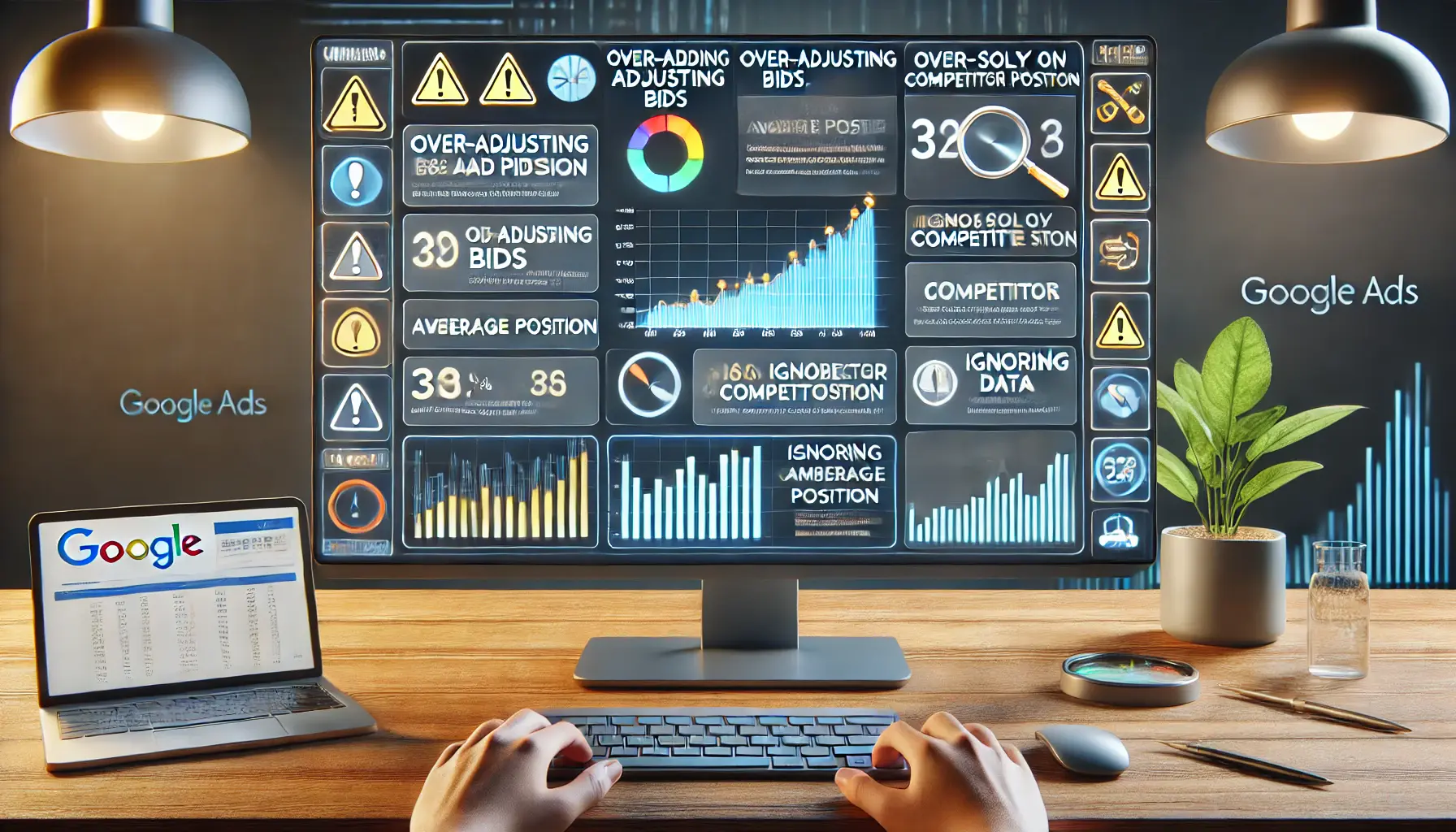 A realistic illustration depicting common mistakes in ad position analysis for Google Ads, featuring a computer screen with a dashboard showing performance metrics.