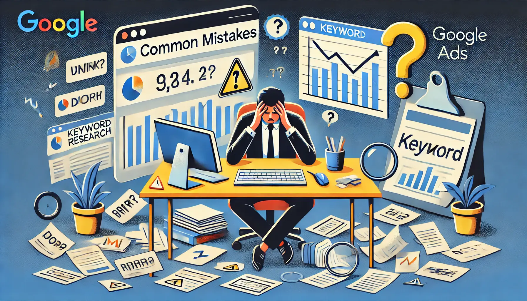 An illustration of common mistakes in keyword research, showing a frustrated marketer surrounded by papers and devices.