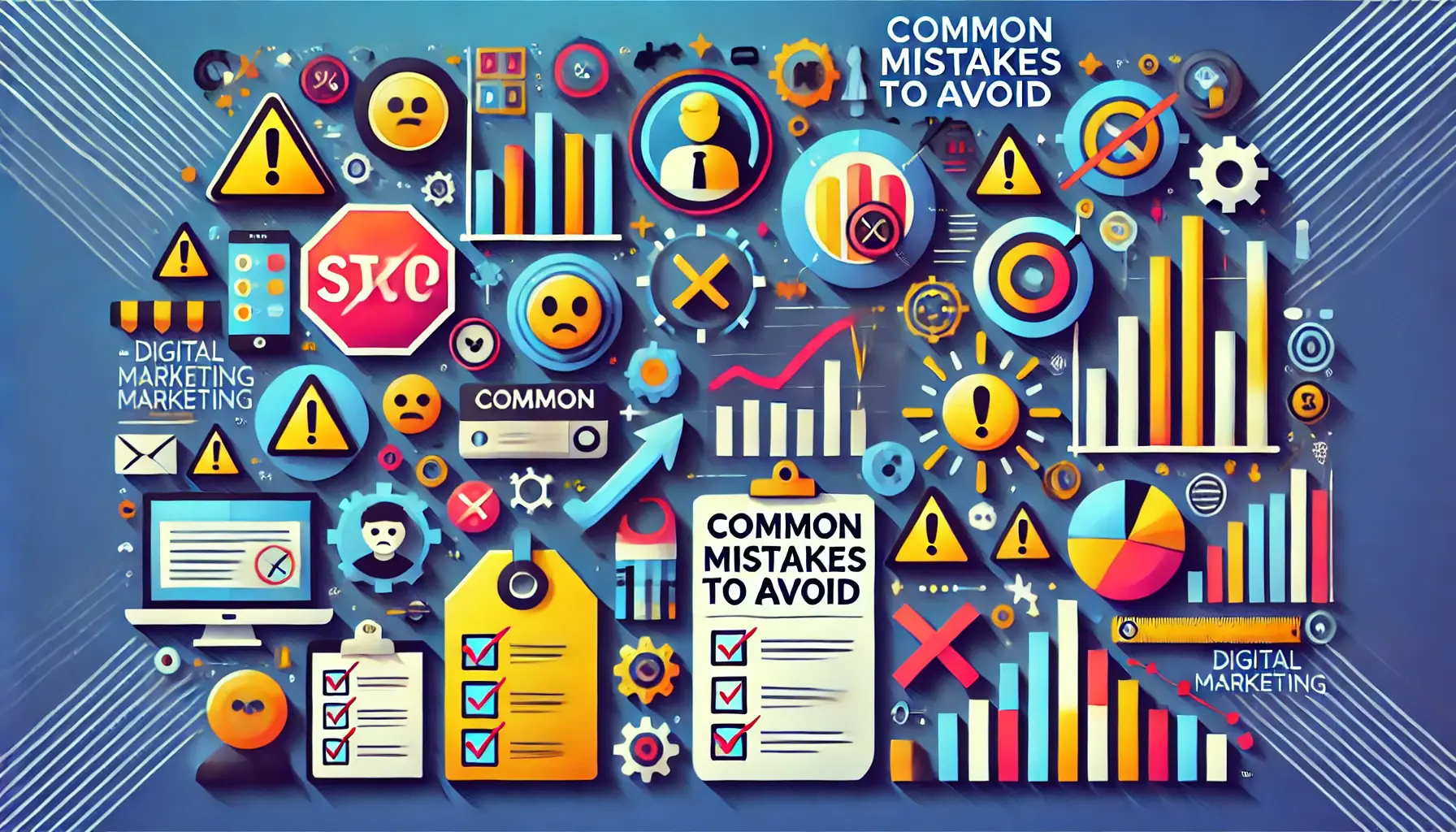 An illustration showing various common mistakes to avoid in digital marketing.