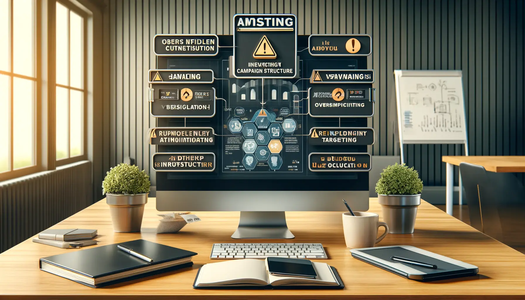 A digital marketing workspace featuring a computer showing warning signs of inefficient ad campaign structures, symbolizing the common mistakes to avoid during campaign consolidation.