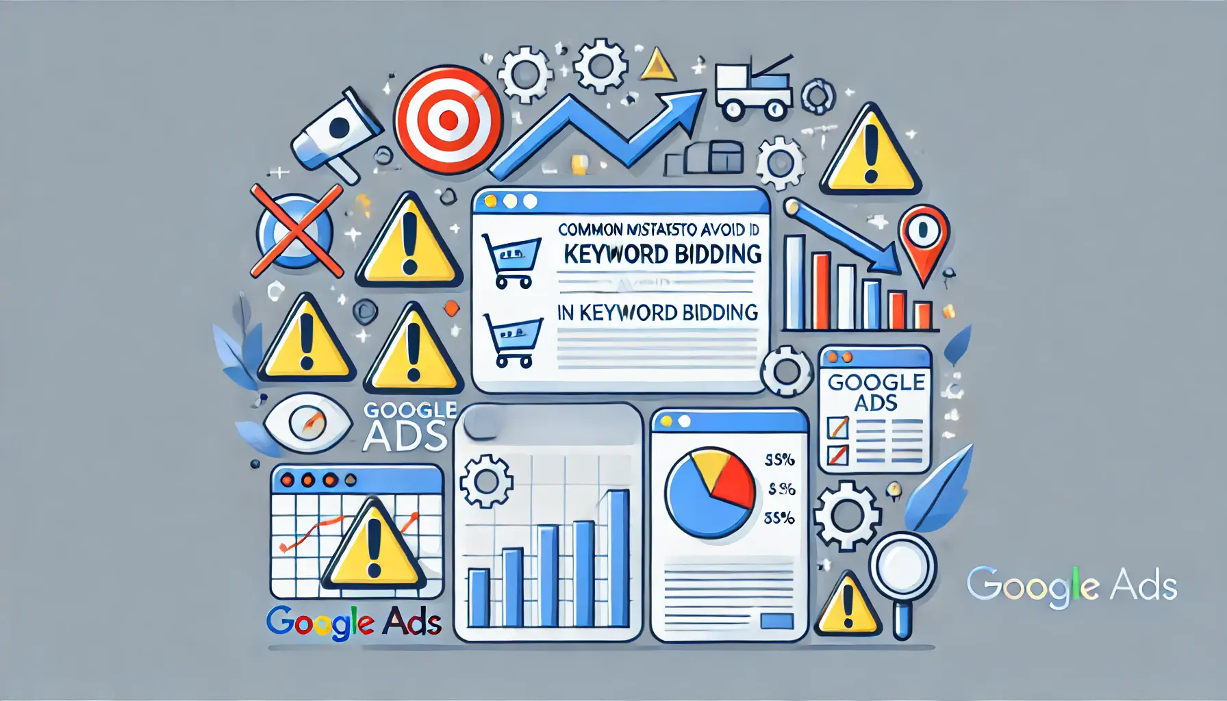 Visual representation of common mistakes in keyword bidding, featuring warning signs, charts showing downward trends, and symbols representing strategic errors.