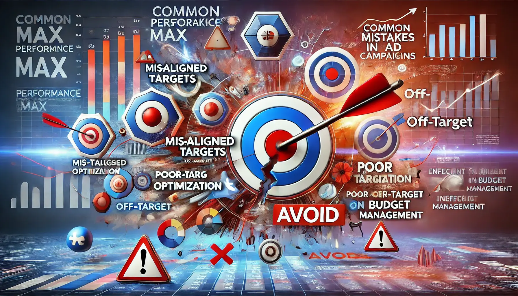 An image showing abstract visuals of misaligned targets, broken links, and warning symbols representing common mistakes to avoid in Performance Max campaigns.