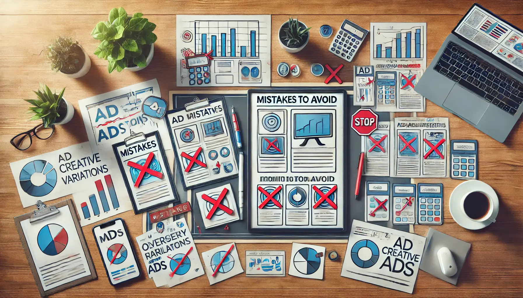 A visual representation of common mistakes to avoid when using ad creative variations in digital marketing.