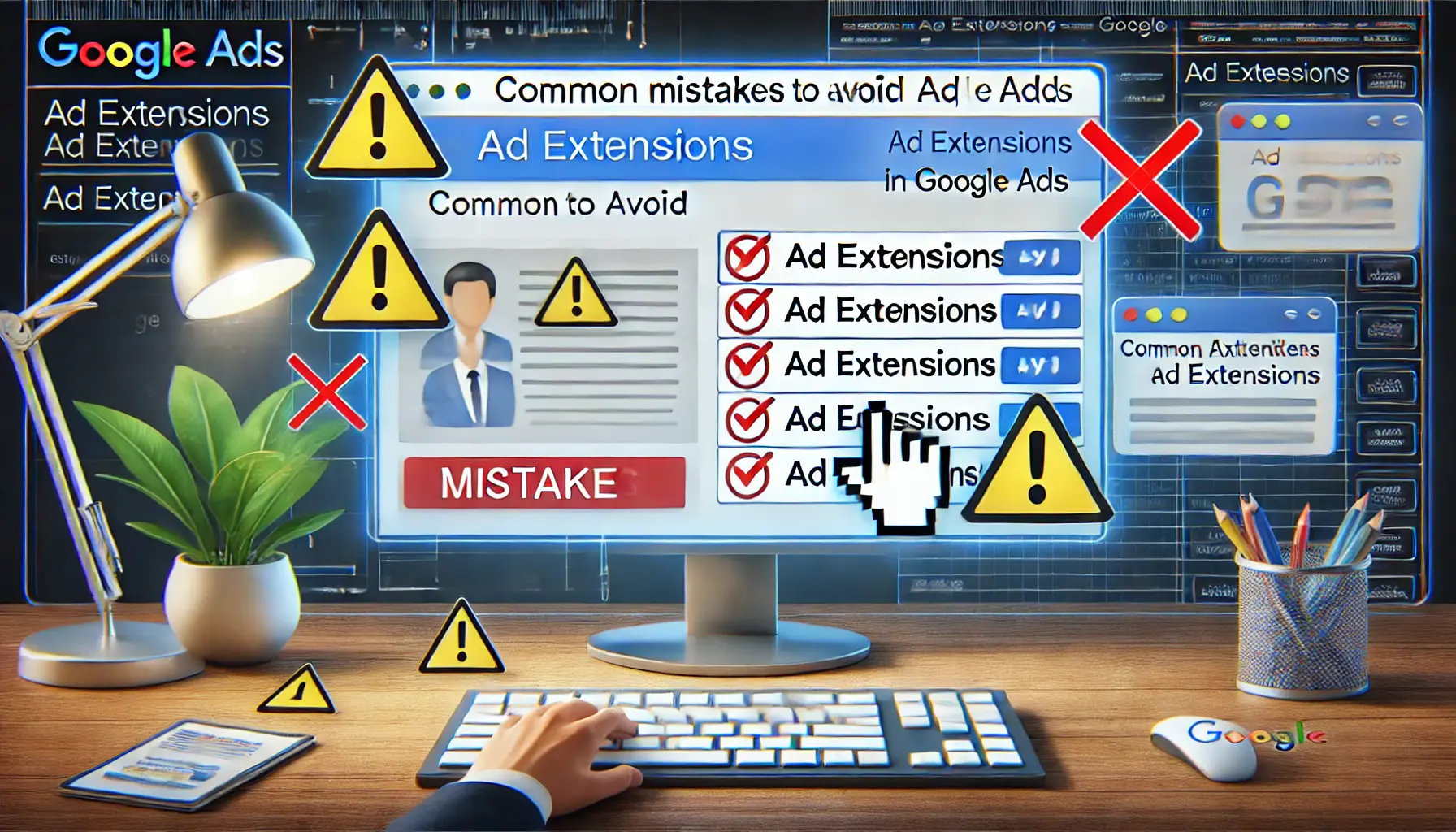 An illustration of common mistakes to avoid with ad extensions in Google Ads.