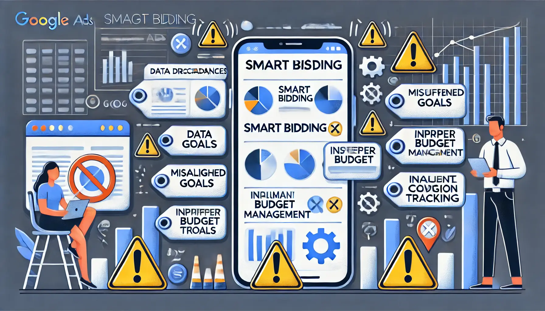 Illustration of common mistakes to avoid in Smart Bidding setup, showing warning icons for data discrepancies and misaligned goals.