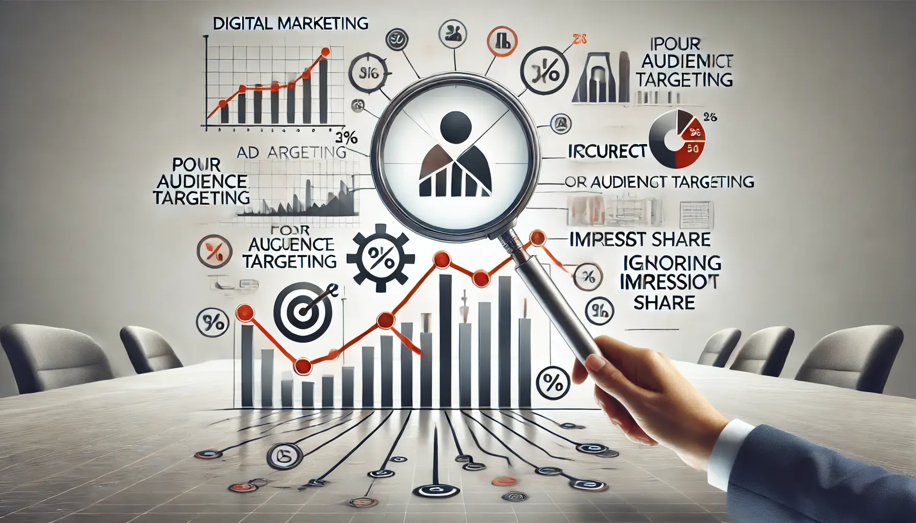 Visualization of common mistakes in analyzing ad impressions, showing flawed data charts, incorrect upward trends, and broken connections.