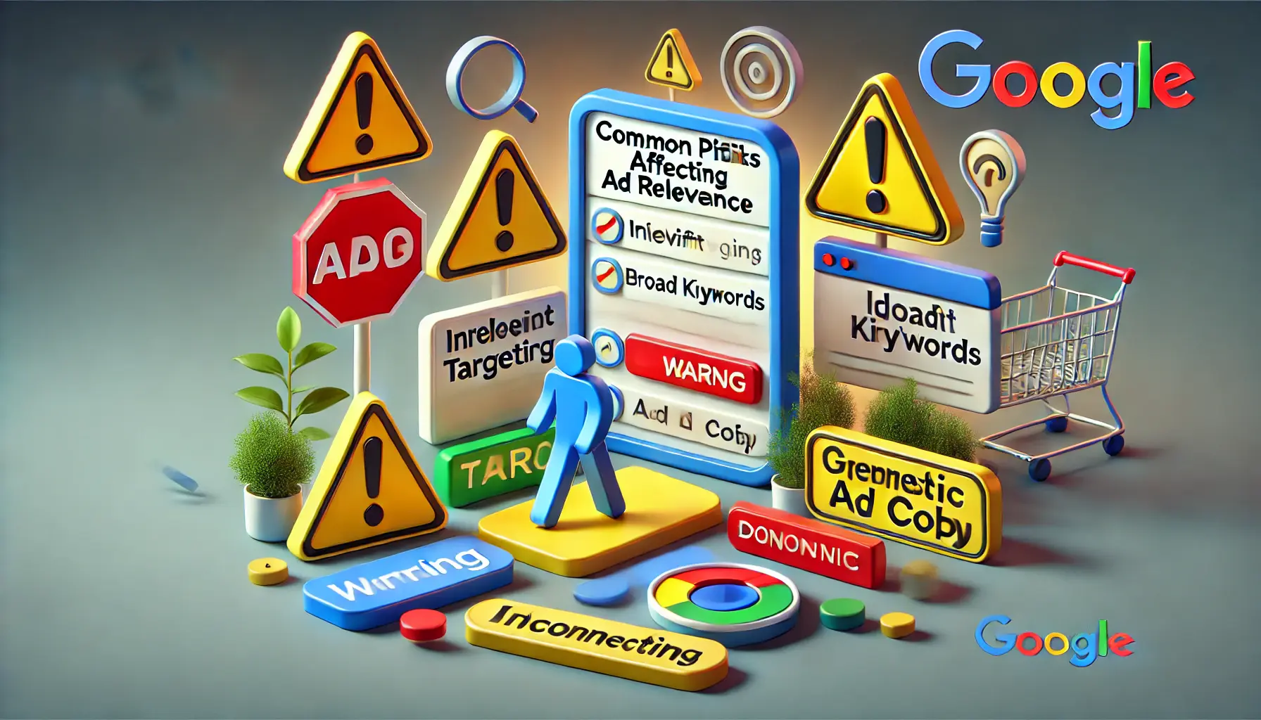 Image illustrating obstacles to ad relevance, with warning icons, broad keywords, and disconnected user symbols.