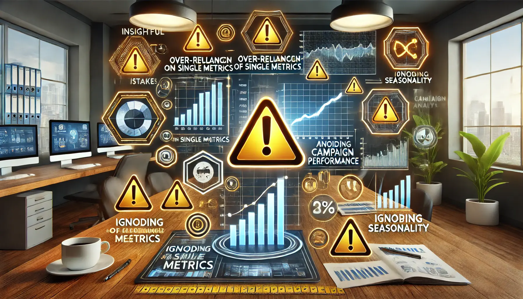 An insightful image illustrating the common pitfalls of campaign performance analysis in digital marketing, featuring warning signs and negative trend graphs.