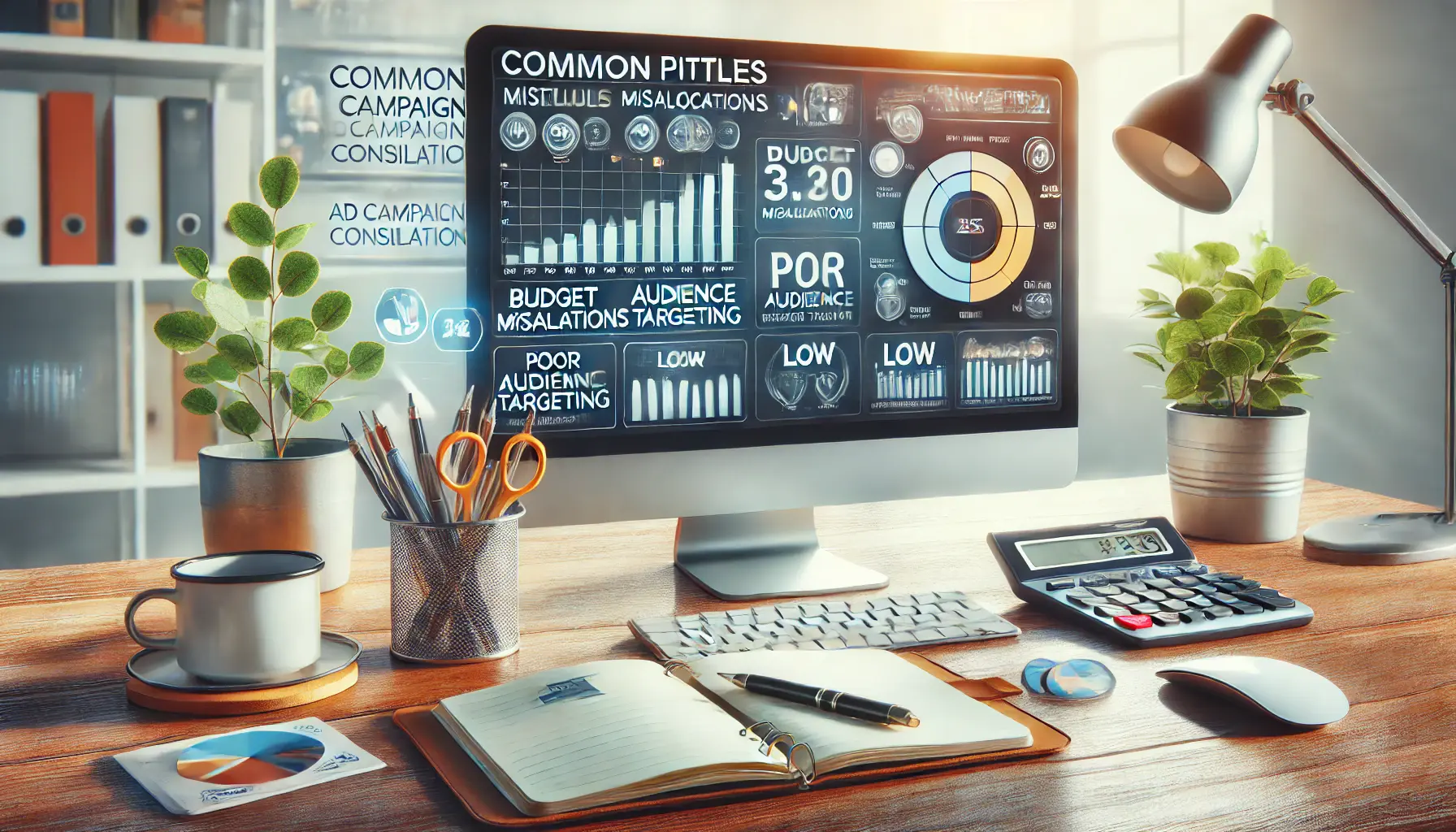 A digital marketing workspace showing a computer with a campaign dashboard displaying warning signs like budget misallocations and poor audience targeting, symbolizing common pitfalls to avoid.