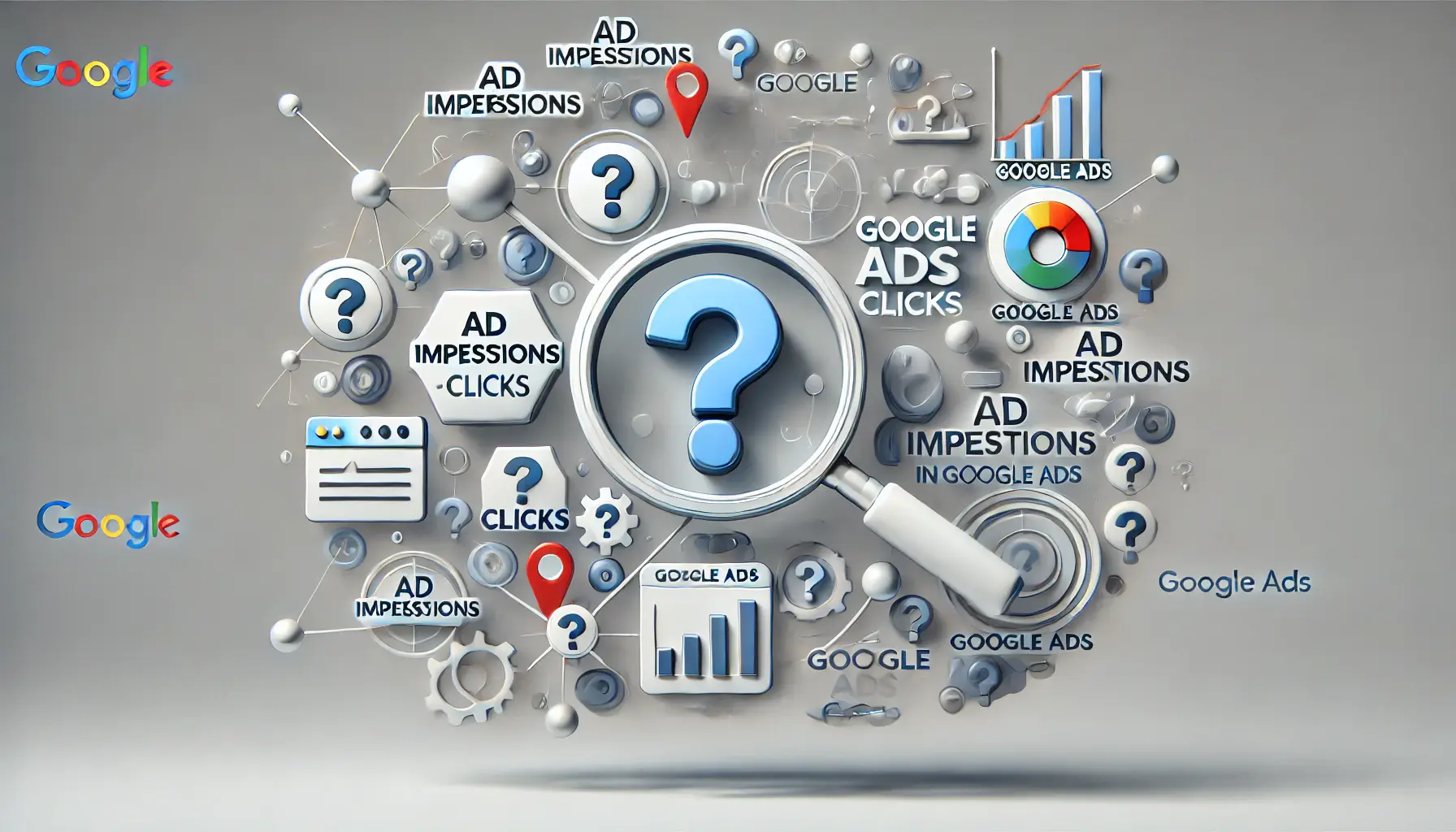 Visualization representing common questions about ad impressions, featuring icons like a magnifying glass, question marks, and Google Ads metrics.