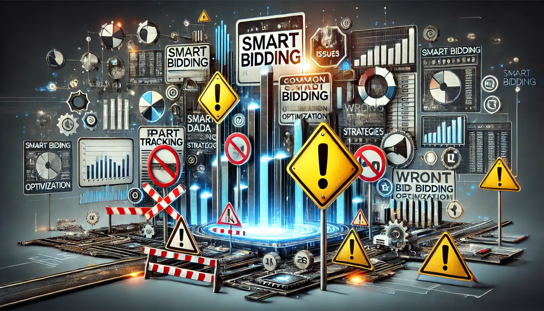 A visual representation of common pitfalls in Smart Bidding, with warning signs, barriers, and misaligned data symbolizing mistakes and challenges in optimization.