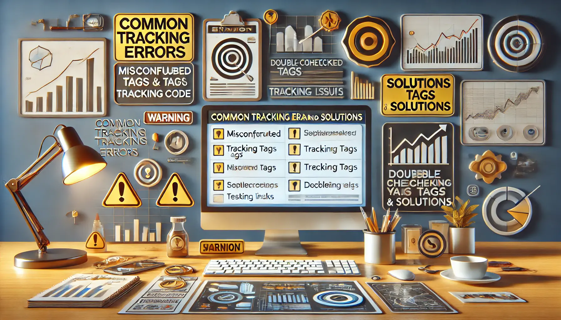 Image depicting a digital workspace showing common tracking errors, with a computer displaying error messages and troubleshooting elements.