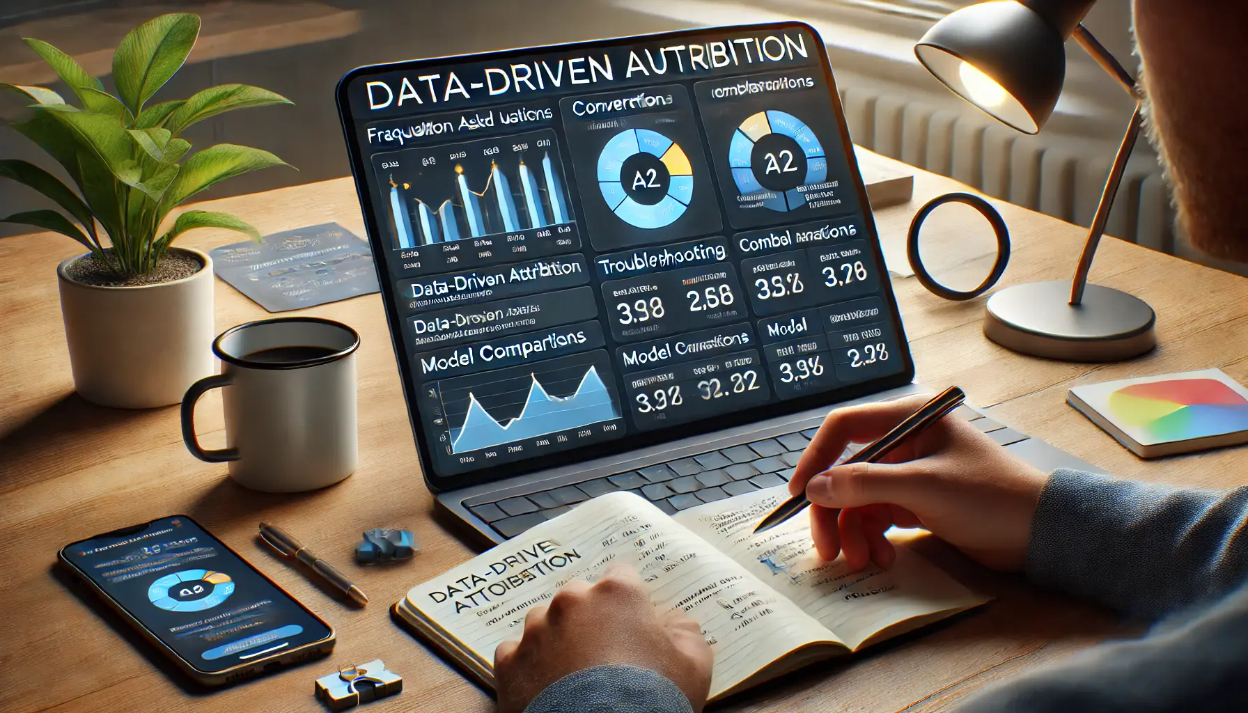 Digital marketer reviewing a Google Ads dashboard with data-driven attribution metrics, addressing common questions about attribution setup and insights.