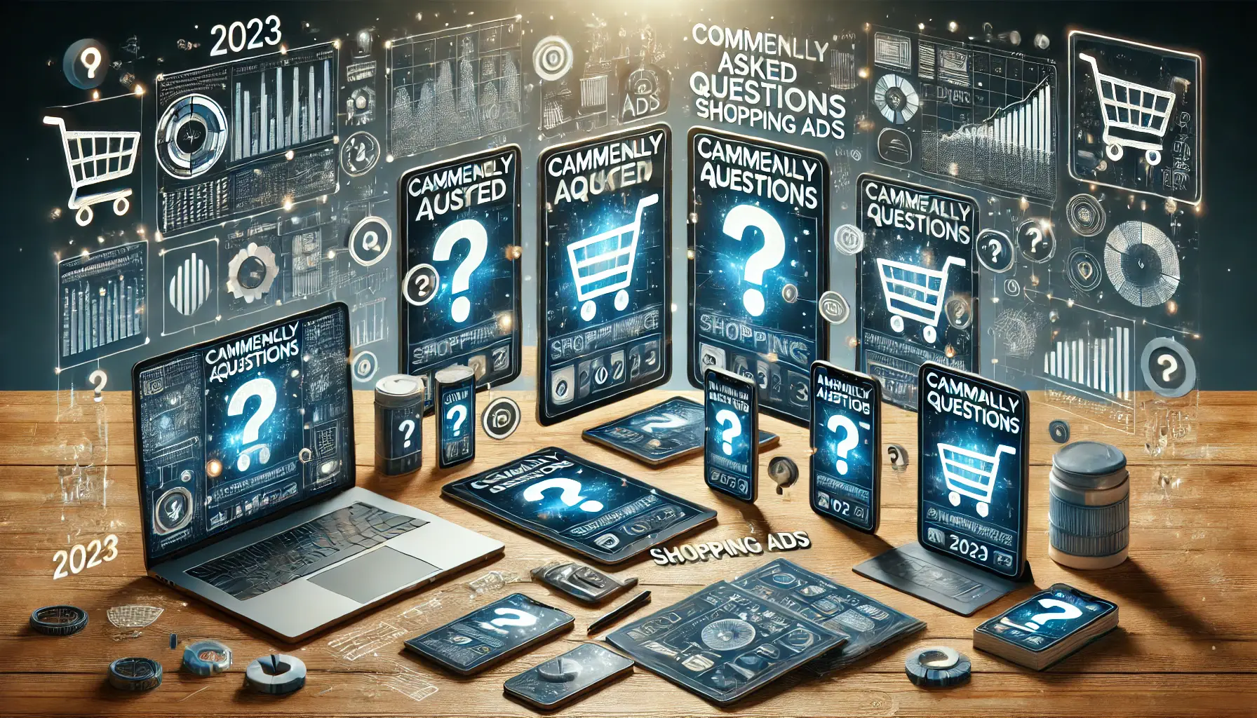 An image showing digital product ads on multiple devices like laptops, tablets, and smartphones, with visual elements like question marks symbolizing common questions about Shopping Ads.