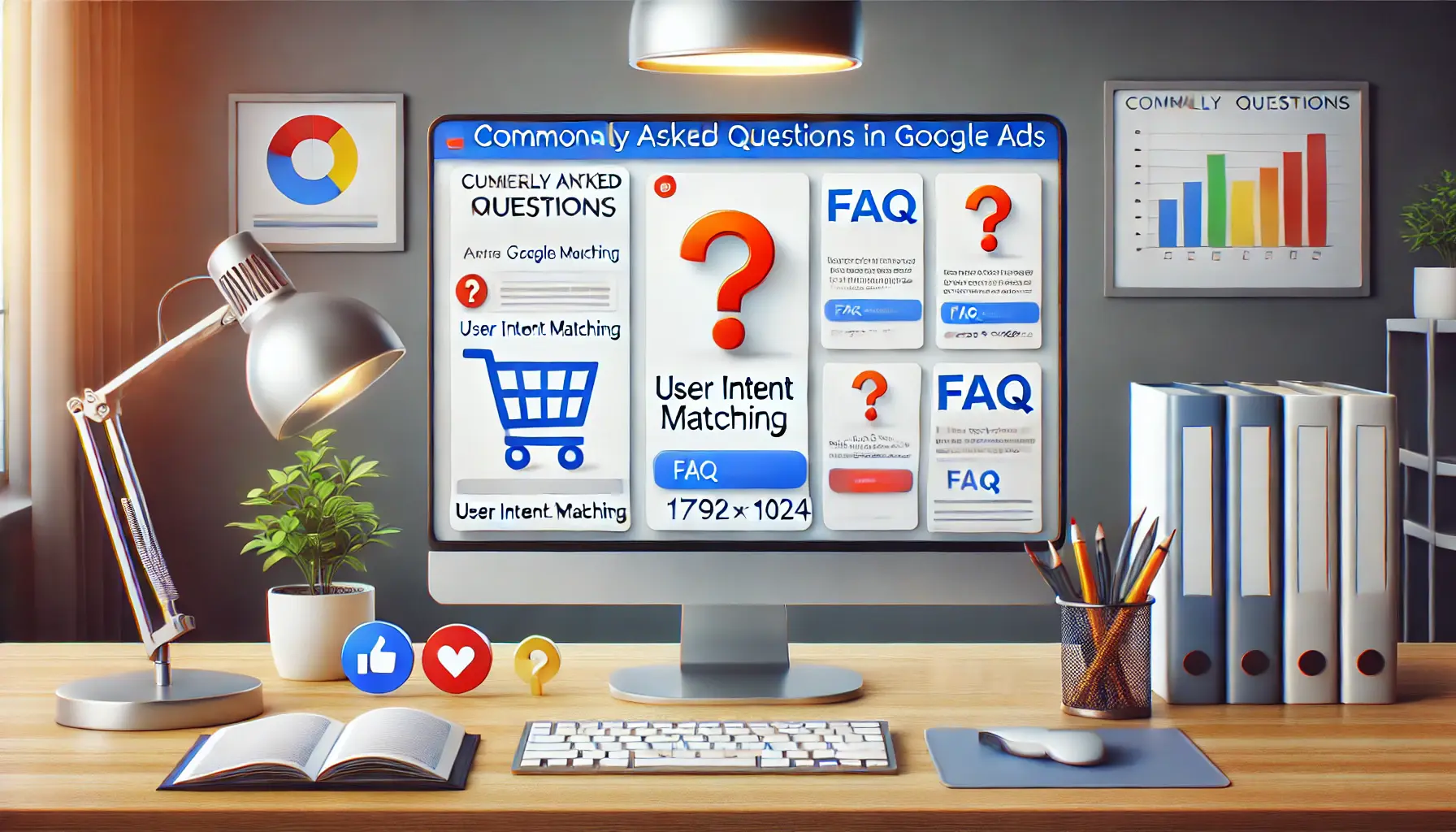 Workspace with computer displaying FAQ dashboard related to digital ad strategies with question and answer symbols.