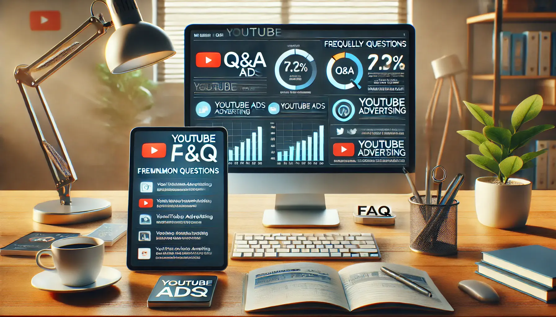 Professional workspace with computer showing YouTube ad metrics and tablet displaying common questions.