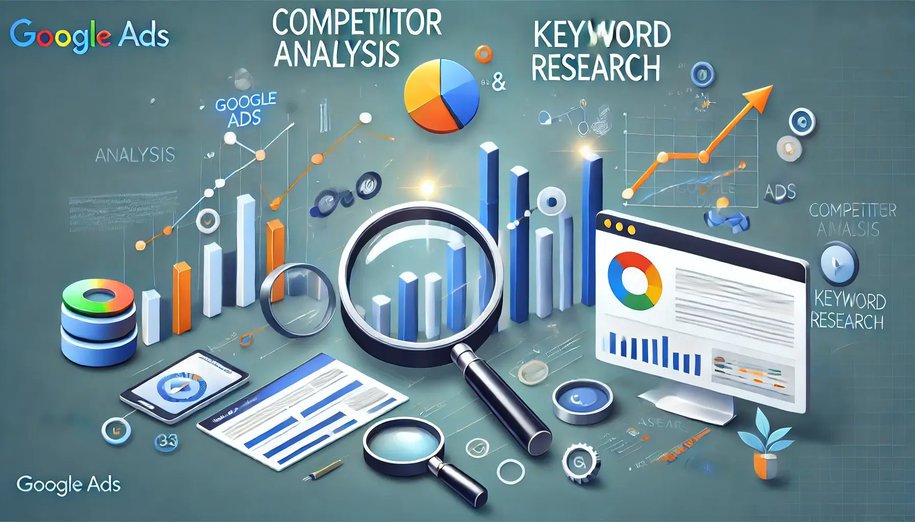 Visual representation of competitor analysis and keyword research, featuring graphs comparing performance and a magnifying glass symbolizing research and analysis.