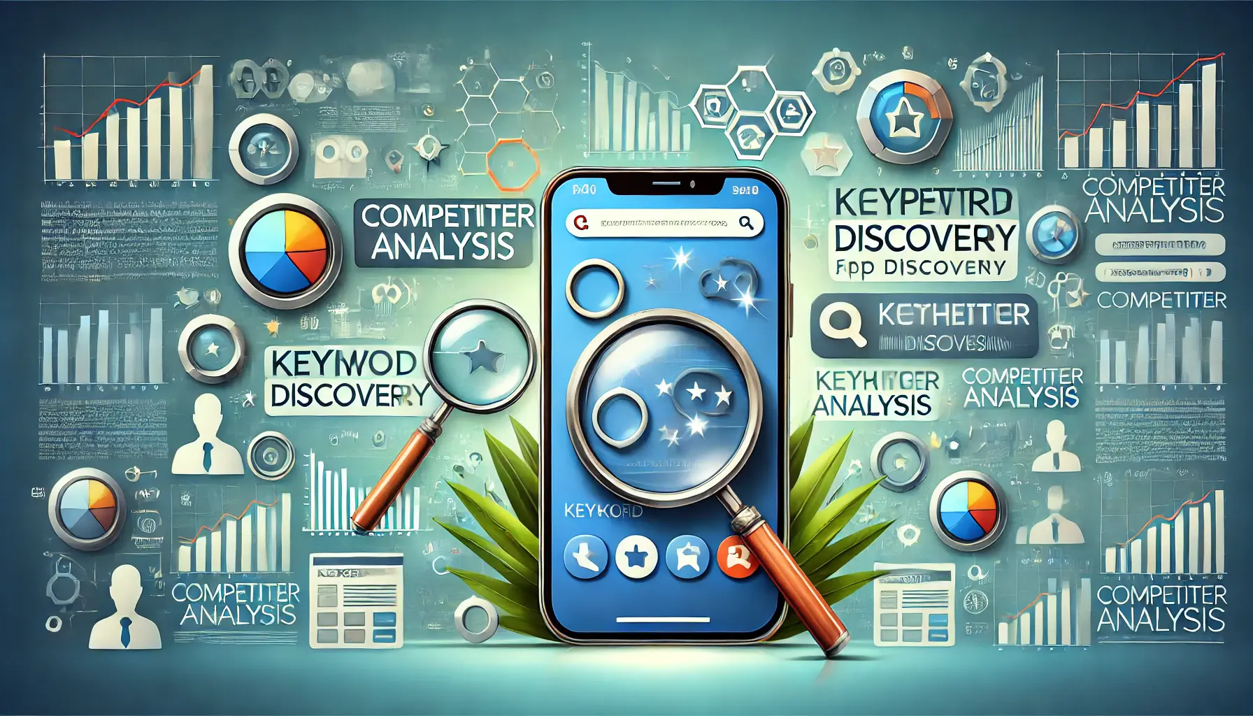 Illustration depicting competitor analysis for keyword discovery with two competing mobile apps on screens, magnifying glasses focusing on keywords, and abstract data analytics in the background.