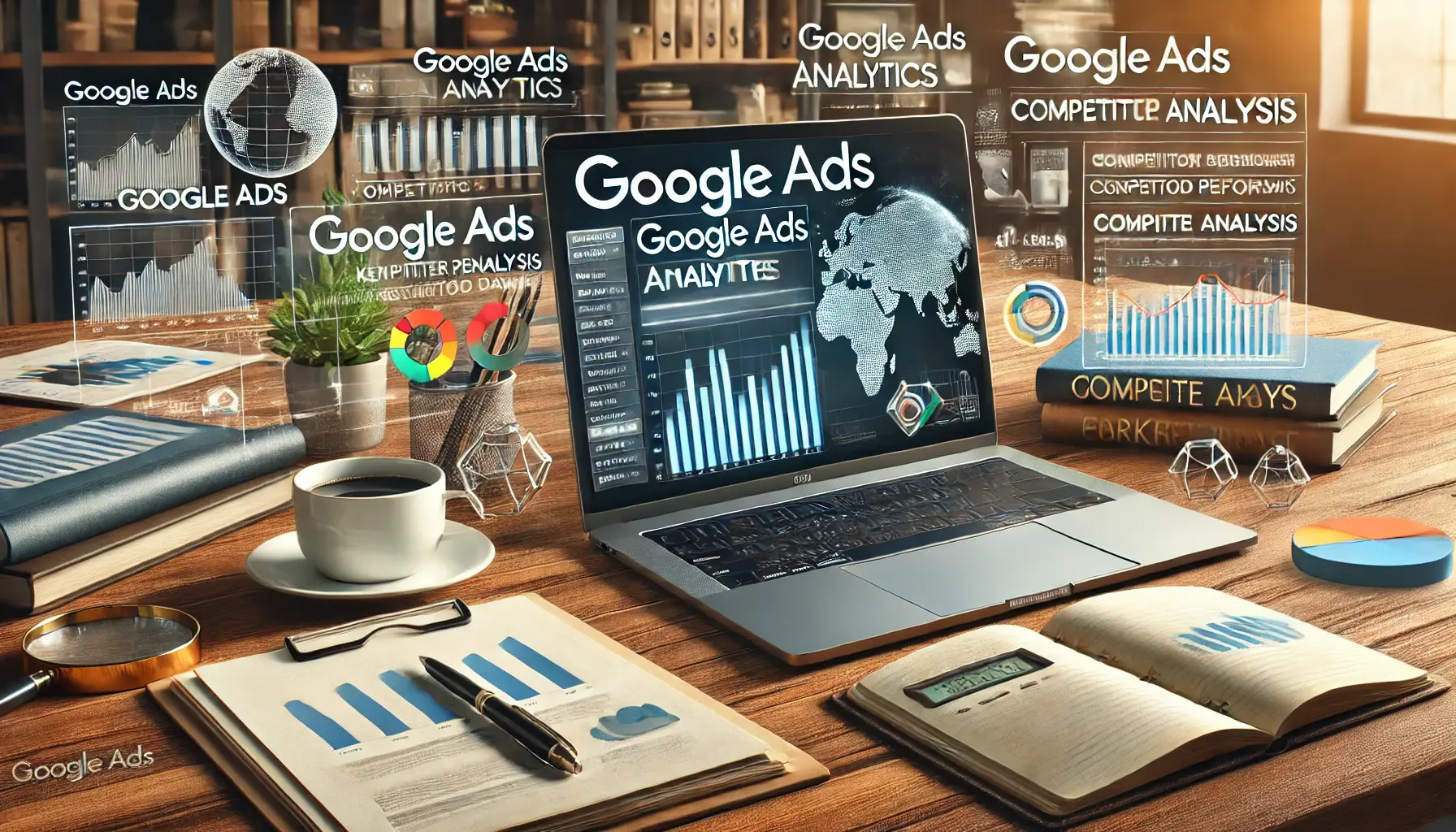 A digital marketing scene depicting a competitive analysis of Google Ads, featuring a laptop with analytics graphs and charts.