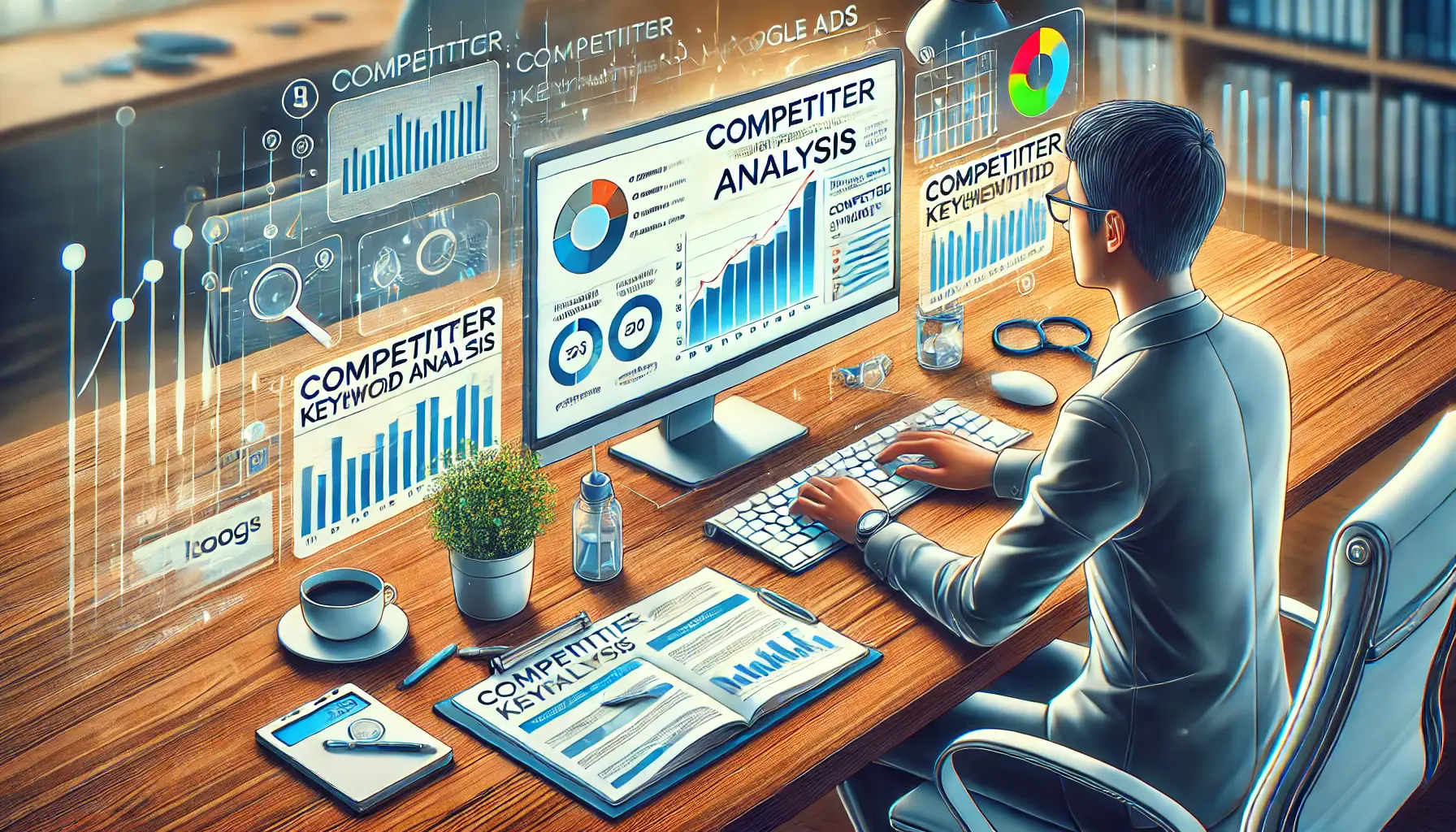 A visual representation of competitor keyword analysis, showing a person analyzing data on a computer.