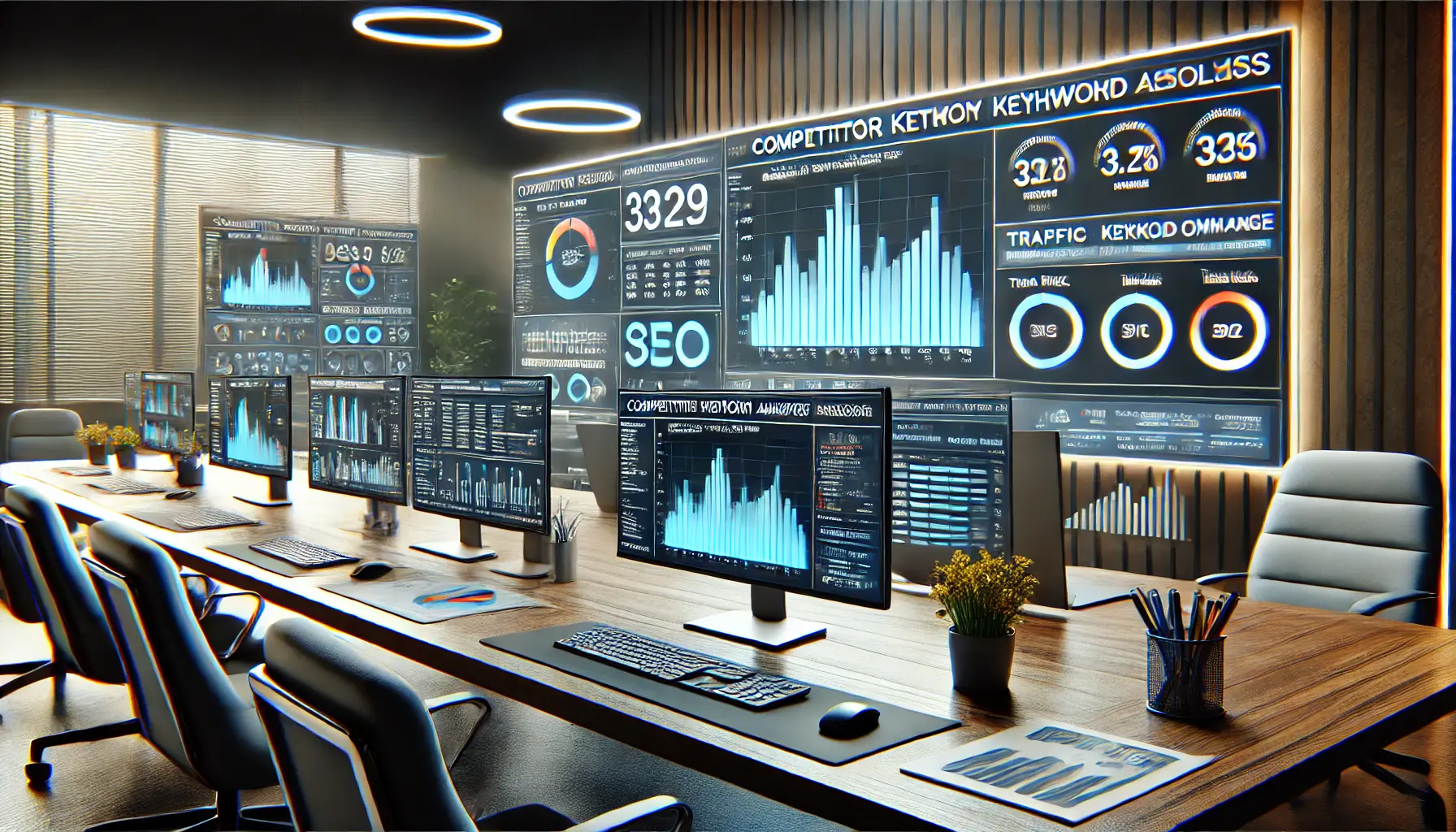 A professional SEO workspace showing competitor keyword analysis tools comparing keyword rankings between two websites