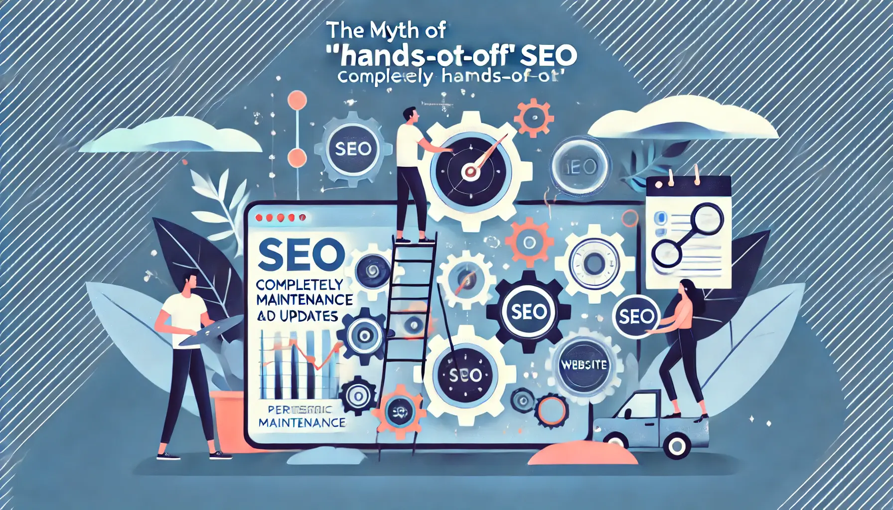 An illustration showing a person adjusting digital elements like gears and graphs, representing ongoing SEO maintenance.