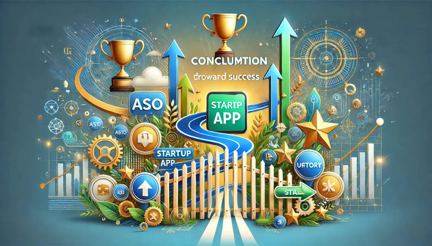 Illustration representing the conclusion of ASO efforts driving startups toward success, featuring a startup app crossing a metaphorical fence with elements like a trophy and upward arrows.