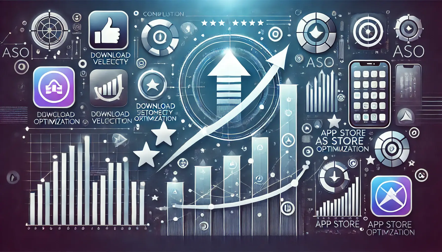 Abstract visualization of app success through download velocity and ASO, featuring growth graphs, app icons, and upward arrows symbolizing achievement.