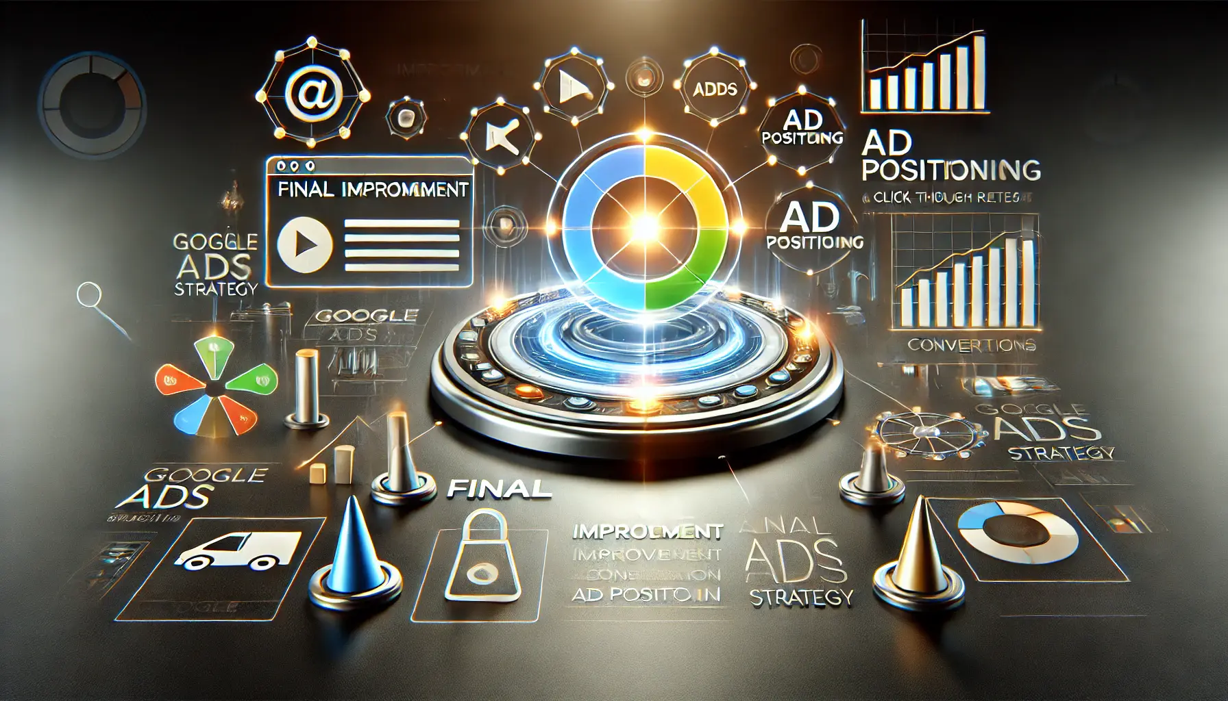 A Google Ads dashboard displaying final performance metrics like improved impressions, conversions, and click-through rates, surrounded by abstract symbols of success, optimization, and strategy.