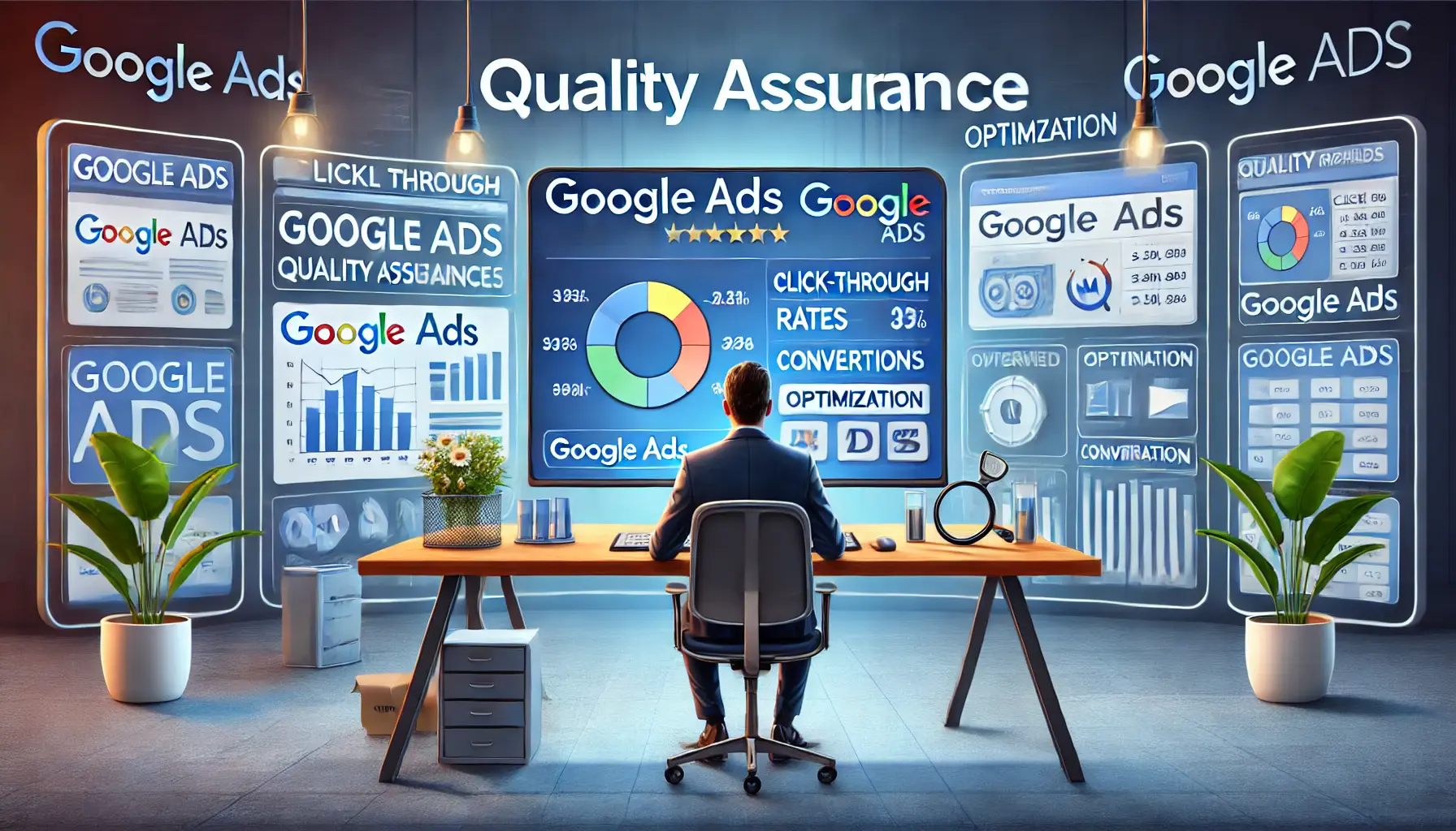 A digital marketing workspace where a professional is reviewing a final report on Google Ads campaign success, with key metrics like click-through rates, conversions, and overall performance displayed on a large monitor.