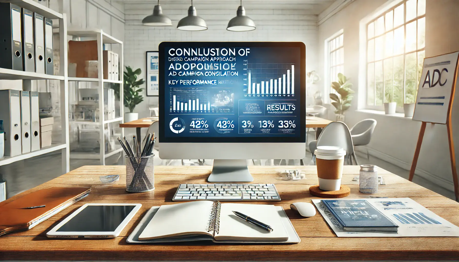 A digital marketing workspace with a computer displaying a summary dashboard showing successful ad campaign results, symbolizing the proactive approach to campaign consolidation.