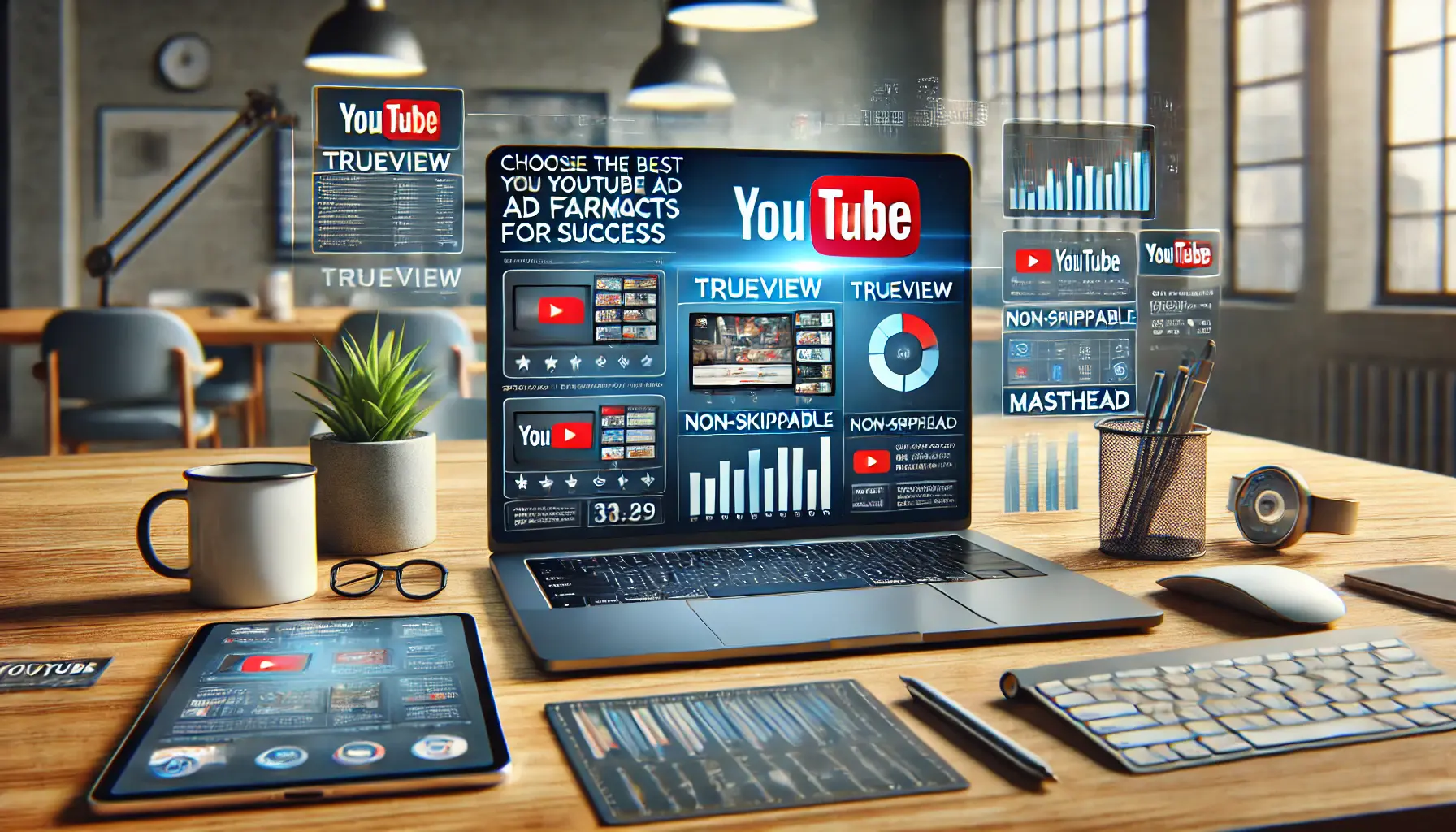 Laptop screen displaying a YouTube ad campaign dashboard with multiple ad formats, in a digital marketing workspace with additional devices showing performance data.