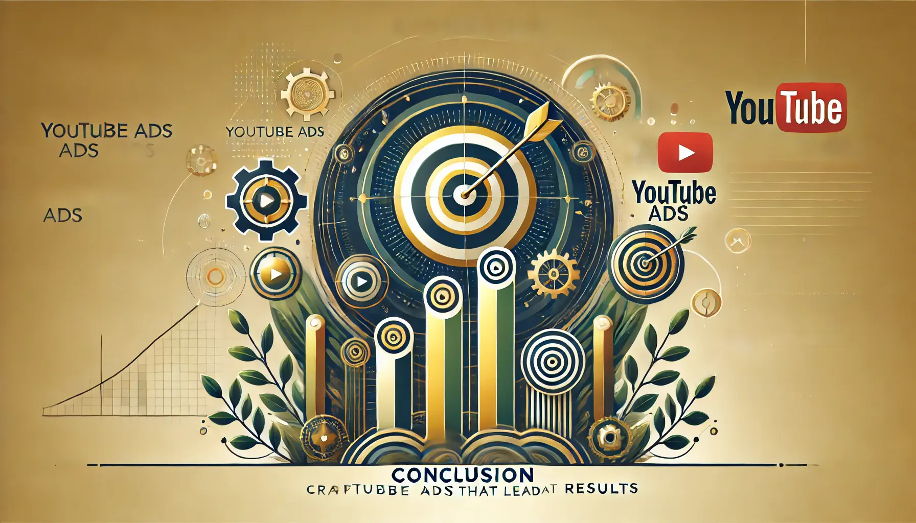 An image symbolizing the creation of impactful YouTube ads with abstract elements like target icons and growth symbols representing success.