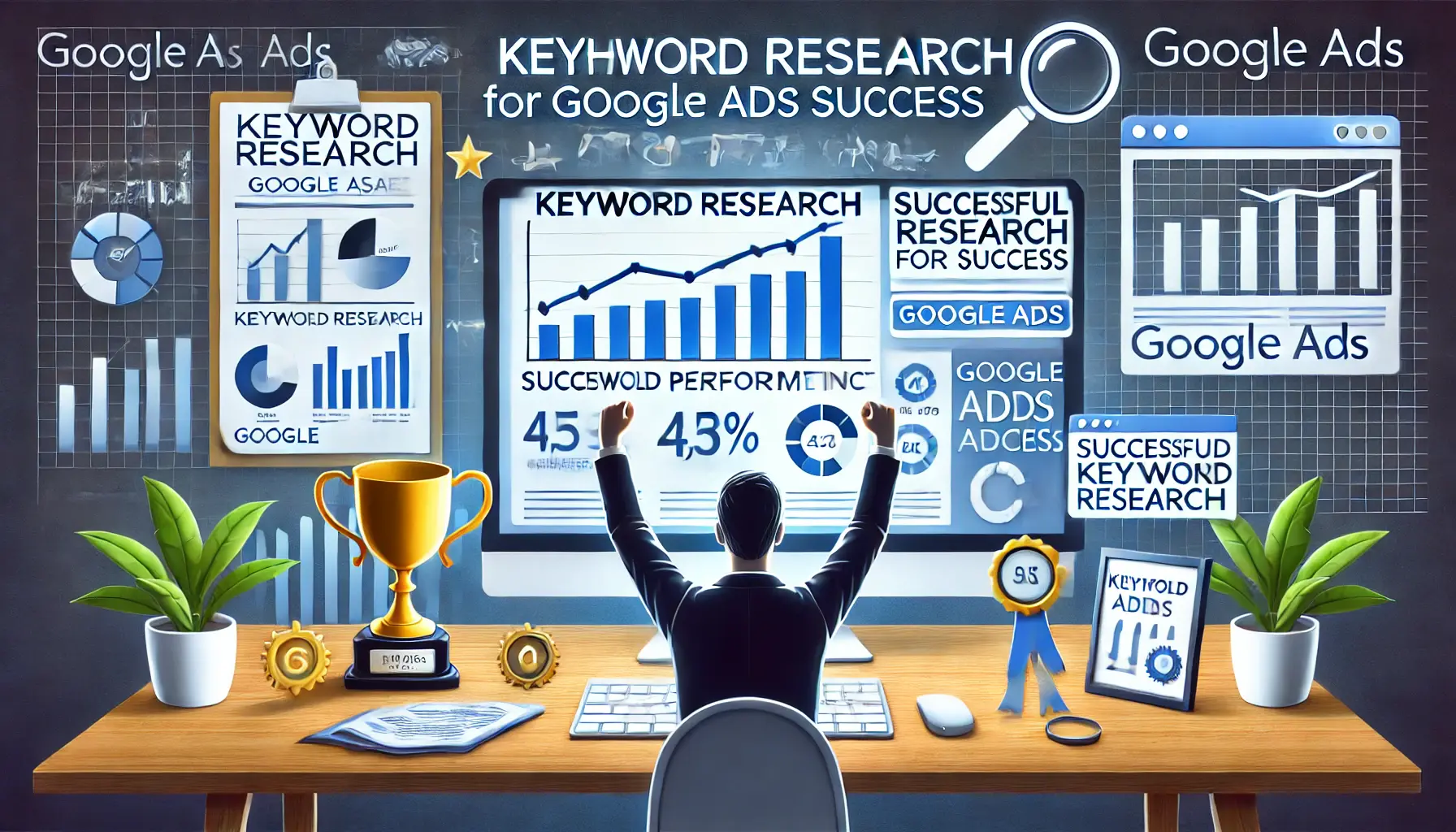 A visual representation of concluding keyword research for Google Ads success, showing a person celebrating in front of a computer.