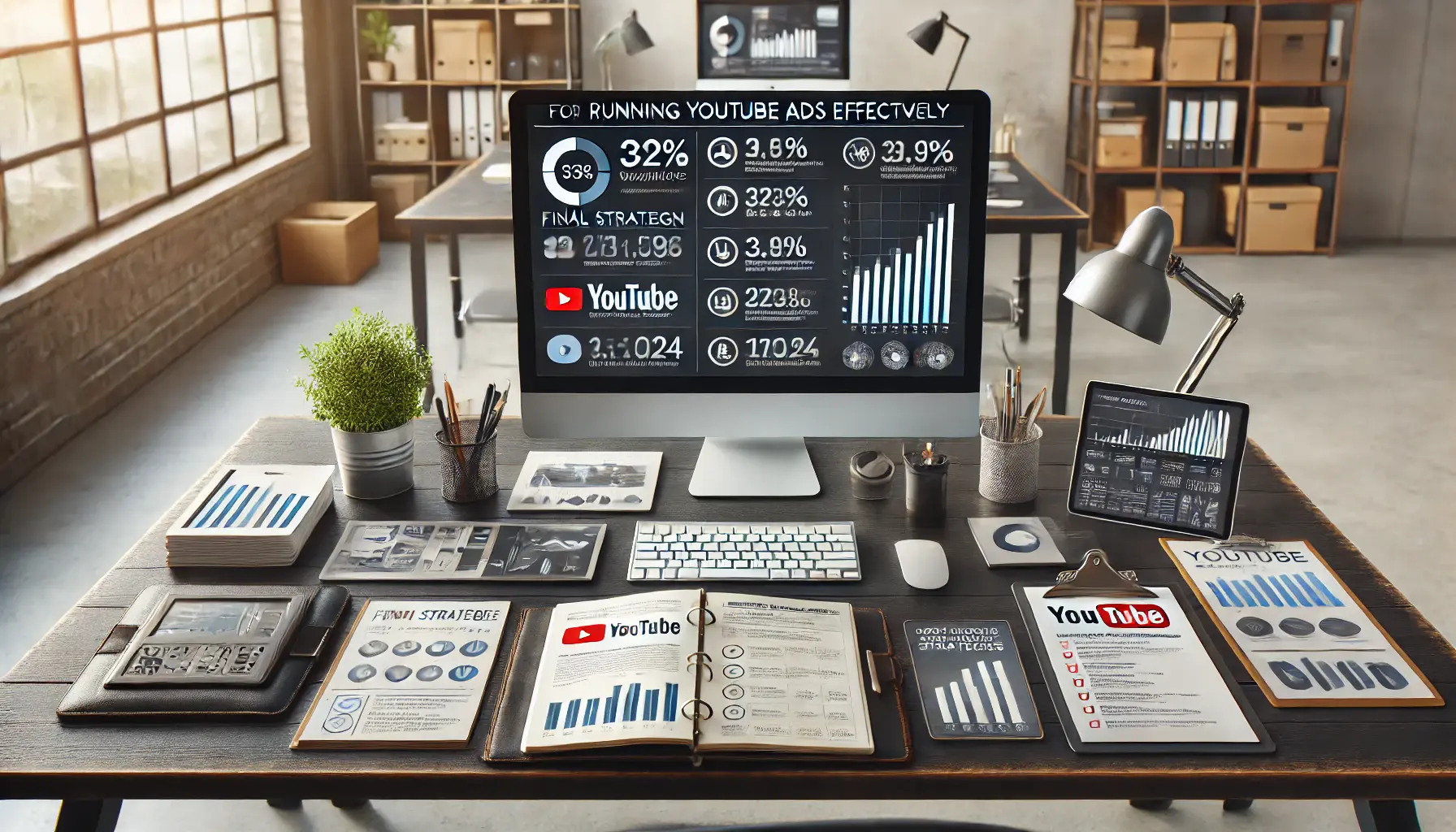 Professional workspace with final campaign report displaying positive performance metrics and key insights for YouTube ads.