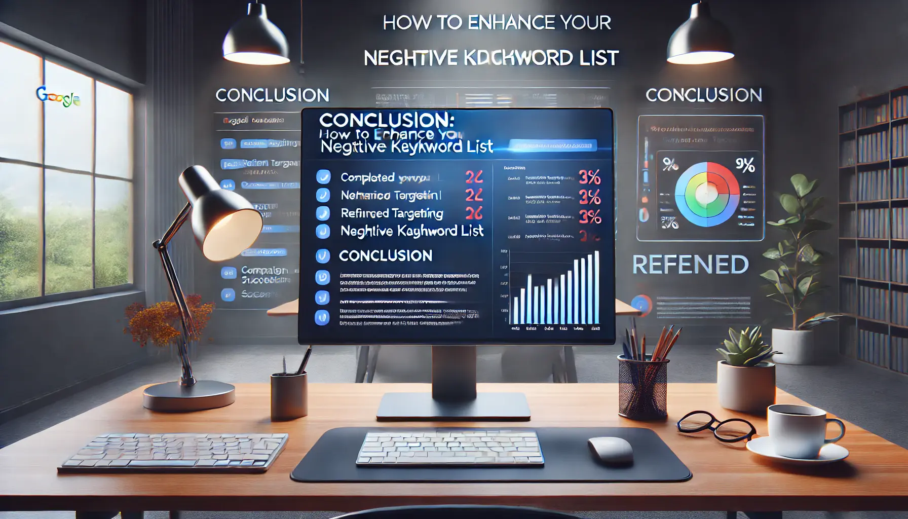 Digital advertising workspace showing a well-optimized negative keyword list and campaign success metrics.