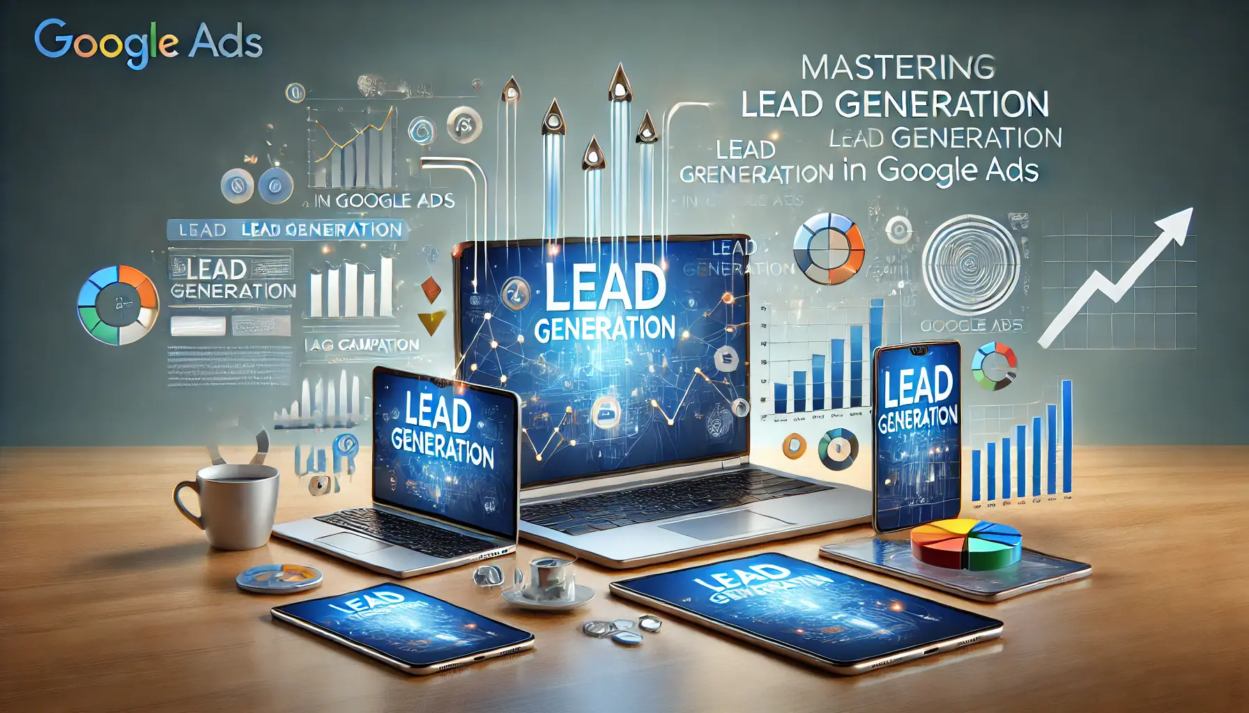 A digital marketing scene showing devices with lead generation metrics and ad campaign tools, symbolizing the successful mastery of lead generation in Google Ads.