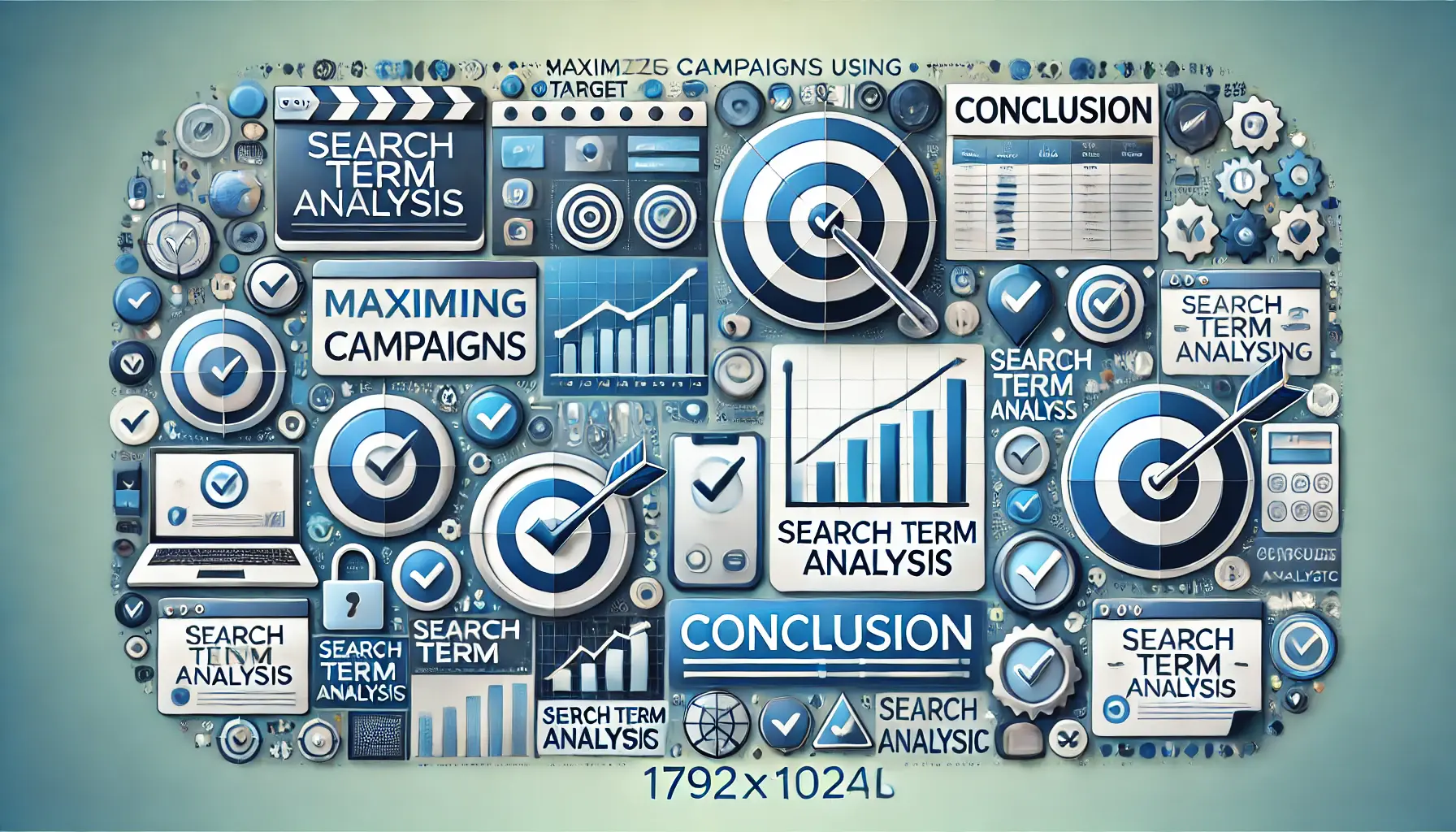 Visual representation of maximizing campaigns with search term analysis featuring target boards, graphs, and dashboards