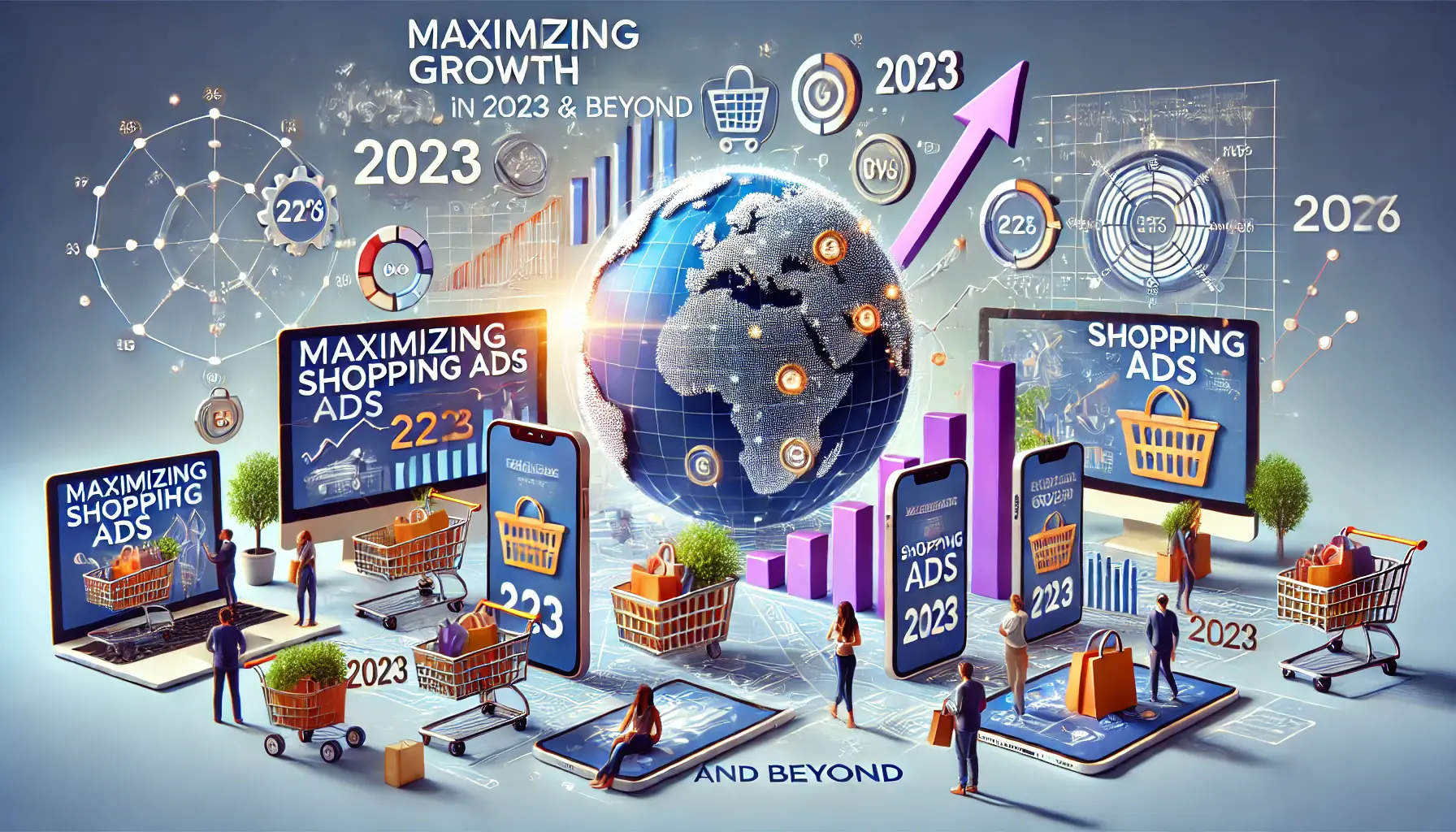 An image showing digital product ads on smartphones, laptops, and tablets with charts indicating growth and performance, symbolizing global reach and success in maximizing Shopping Ads growth.